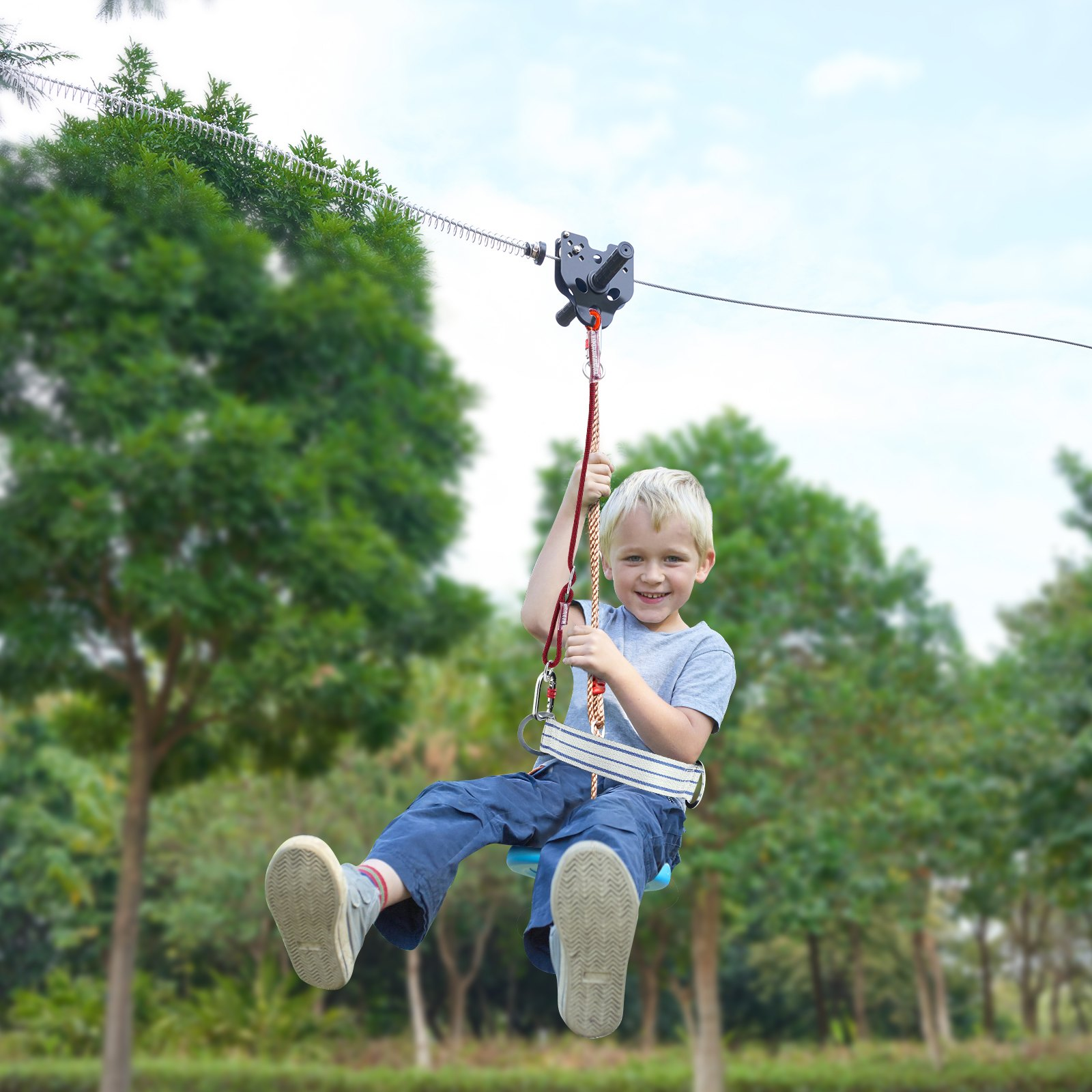 120 ft Backyard Zipline Kit for Kids & Adults – Stainless Steel Zip Line with Spring Brake, Safety Harness & Seat, Up to 500 lbs