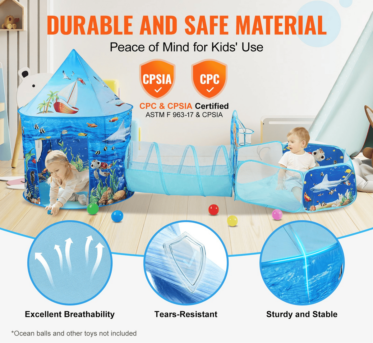 VEVOR 3-in-1 Kids Adventure Play Tent – Tunnel, Basketball Hoop & Ball Pit | Indoor & Outdoor Pop-Up Fun for Toddlers, Boys & Girls, Blue Ocean - The Little Big Store