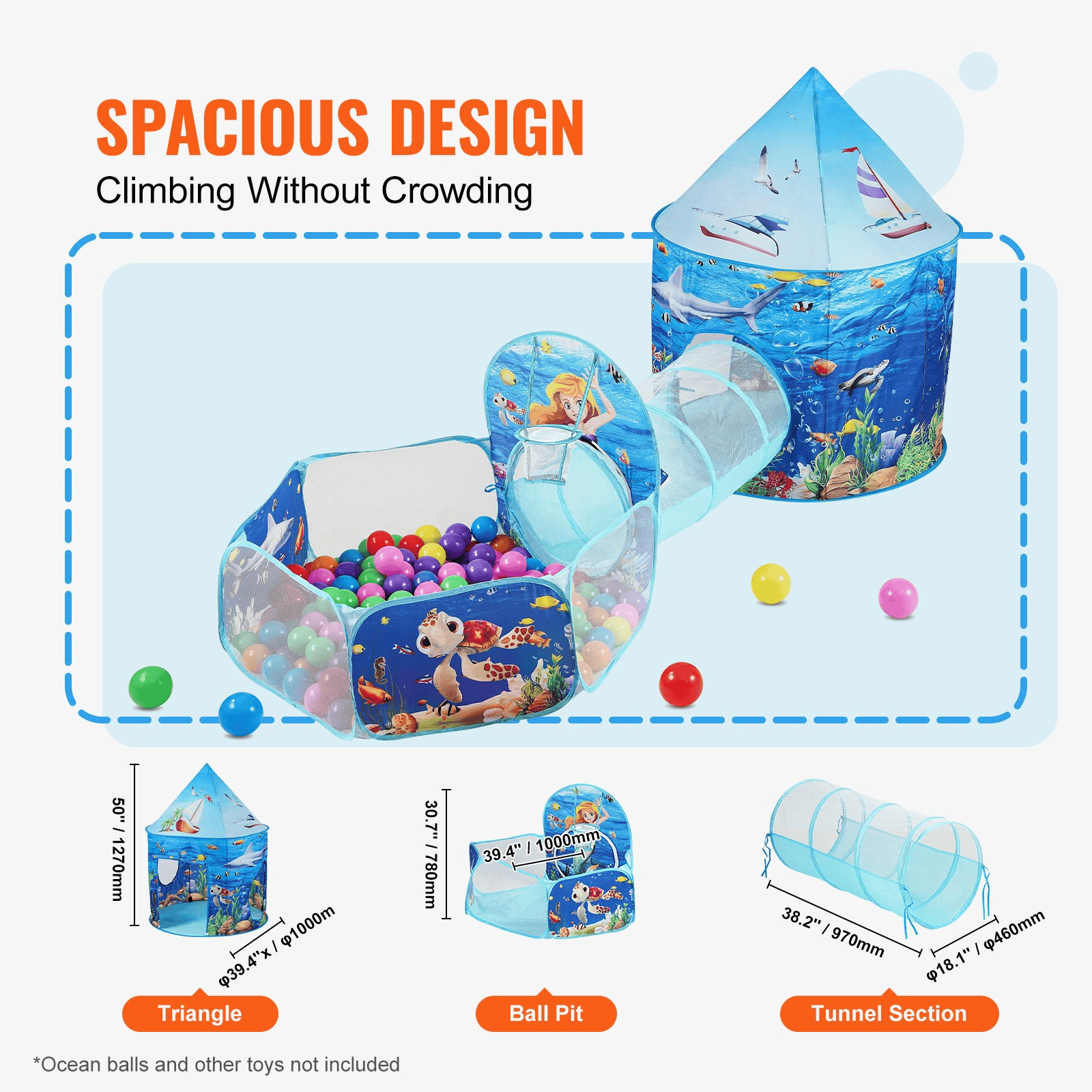 VEVOR 3-in-1 Kids Adventure Play Tent β Tunnel, Basketball Hoop & Ball Pit | Indoor & Outdoor Pop-Up Fun for Toddlers, Boys & Girls, Blue Ocean
