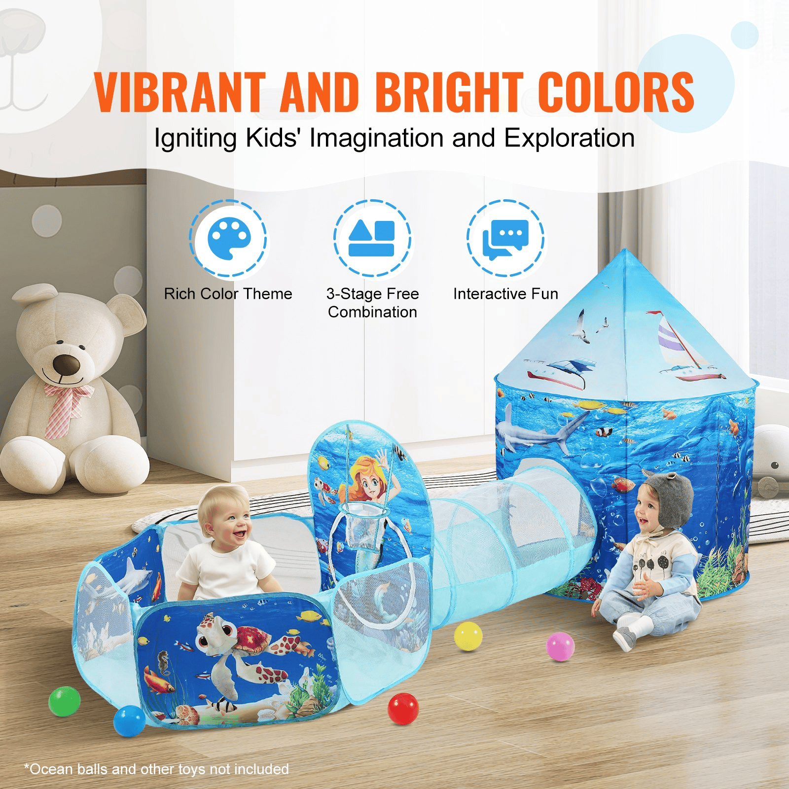 VEVOR 3-in-1 Kids Adventure Play Tent β Tunnel, Basketball Hoop & Ball Pit | Indoor & Outdoor Pop-Up Fun for Toddlers, Boys & Girls, Blue Ocean