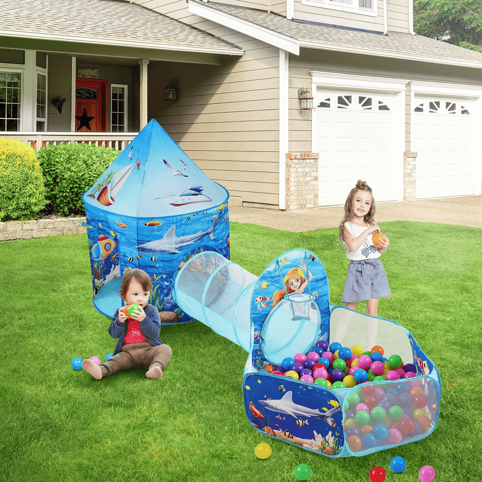 VEVOR 3-in-1 Kids Adventure Play Tent β Tunnel, Basketball Hoop & Ball Pit | Indoor & Outdoor Pop-Up Fun for Toddlers, Boys & Girls, Blue Ocean