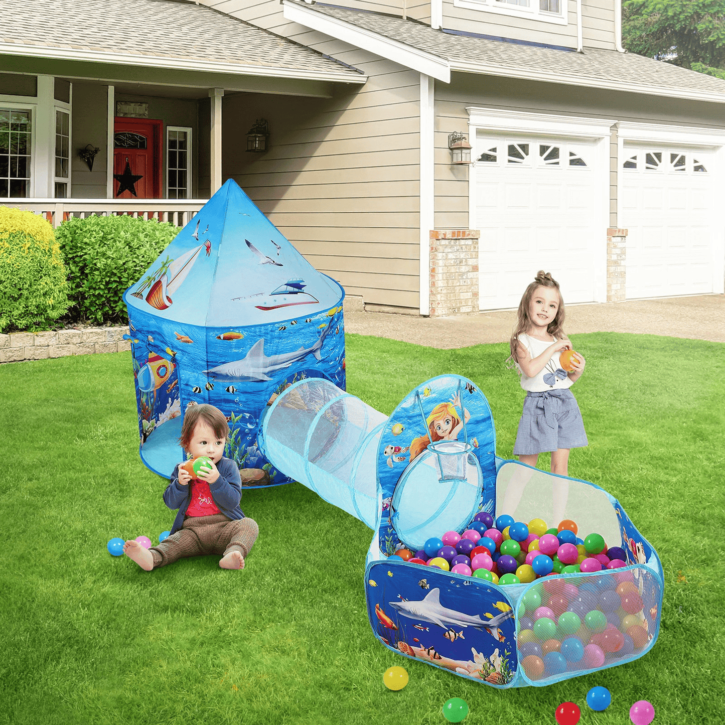 VEVOR 3-in-1 Kids Adventure Play Tent β Tunnel, Basketball Hoop & Ball Pit | Indoor & Outdoor Pop-Up Fun for Toddlers, Boys & Girls, Blue Ocean - The Little Big Store