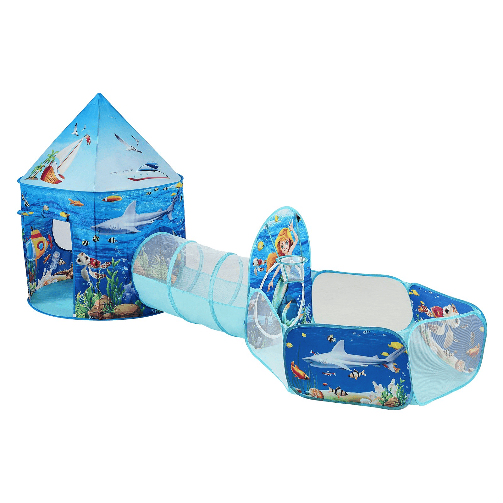 VEVOR 3-in-1 Kids Adventure Play Tent β Tunnel, Basketball Hoop & Ball Pit | Indoor & Outdoor Pop-Up Fun for Toddlers, Boys & Girls, Blue Ocean