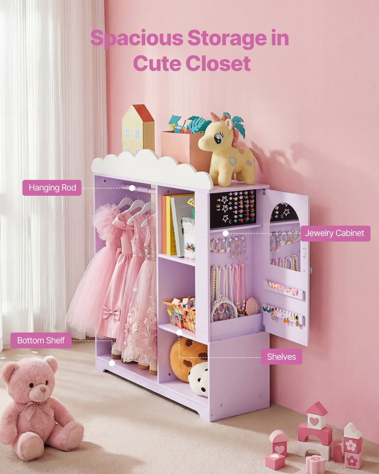 Kids Dress-Up Closet with Jewelry Cabinet – Princess Wardrobe Organizer (Purple)