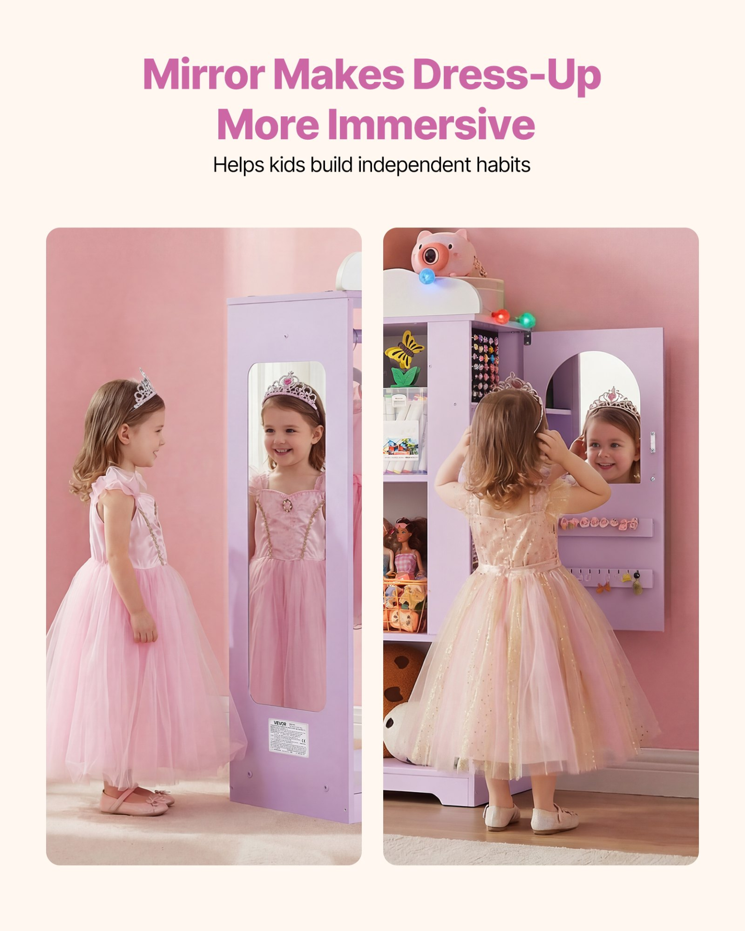 Kids Dress-Up Closet with Jewelry Cabinet – Princess Wardrobe Organizer (Purple)