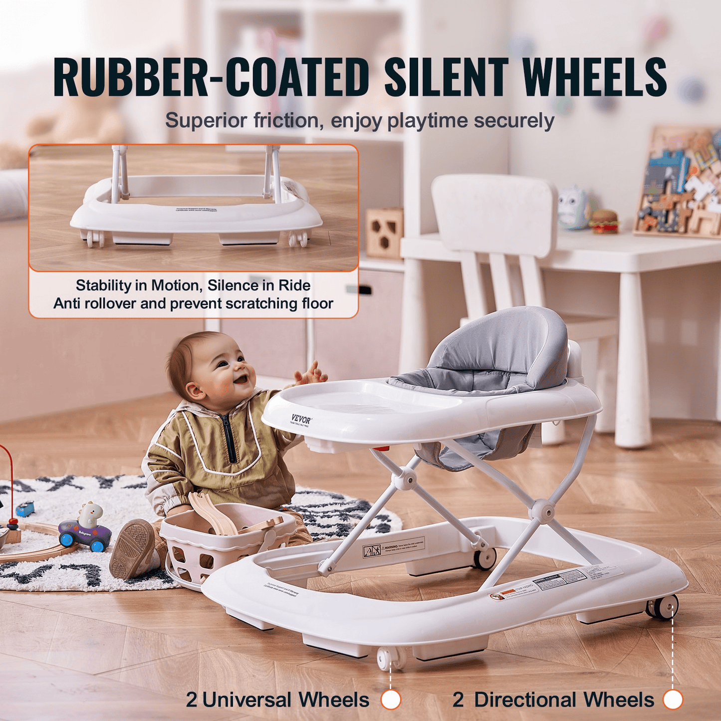Baby Walker, Foldable Baby Walkers with 3-Level Adjustable Height, Rolling Toddler Walker and Activity Center with Wheels & Feeding Tray, Anti-Rollover Activity Helper for Boy Girl 6-12 Months - The Little Big Store