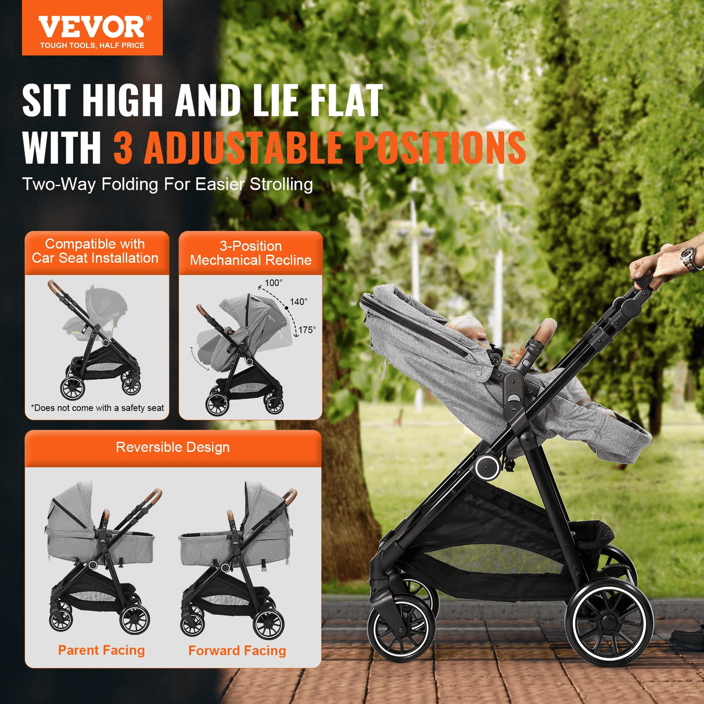 Standard Baby Stroller, Infant Toddler Stroller with Bassinet, 3rd-Gear Adjustable Backrest & Foldable & Reversible Seat, Carbon Steel Newborn Stroller with Leg Cover and Mesh Net, Dark Grey - The Little Big Store