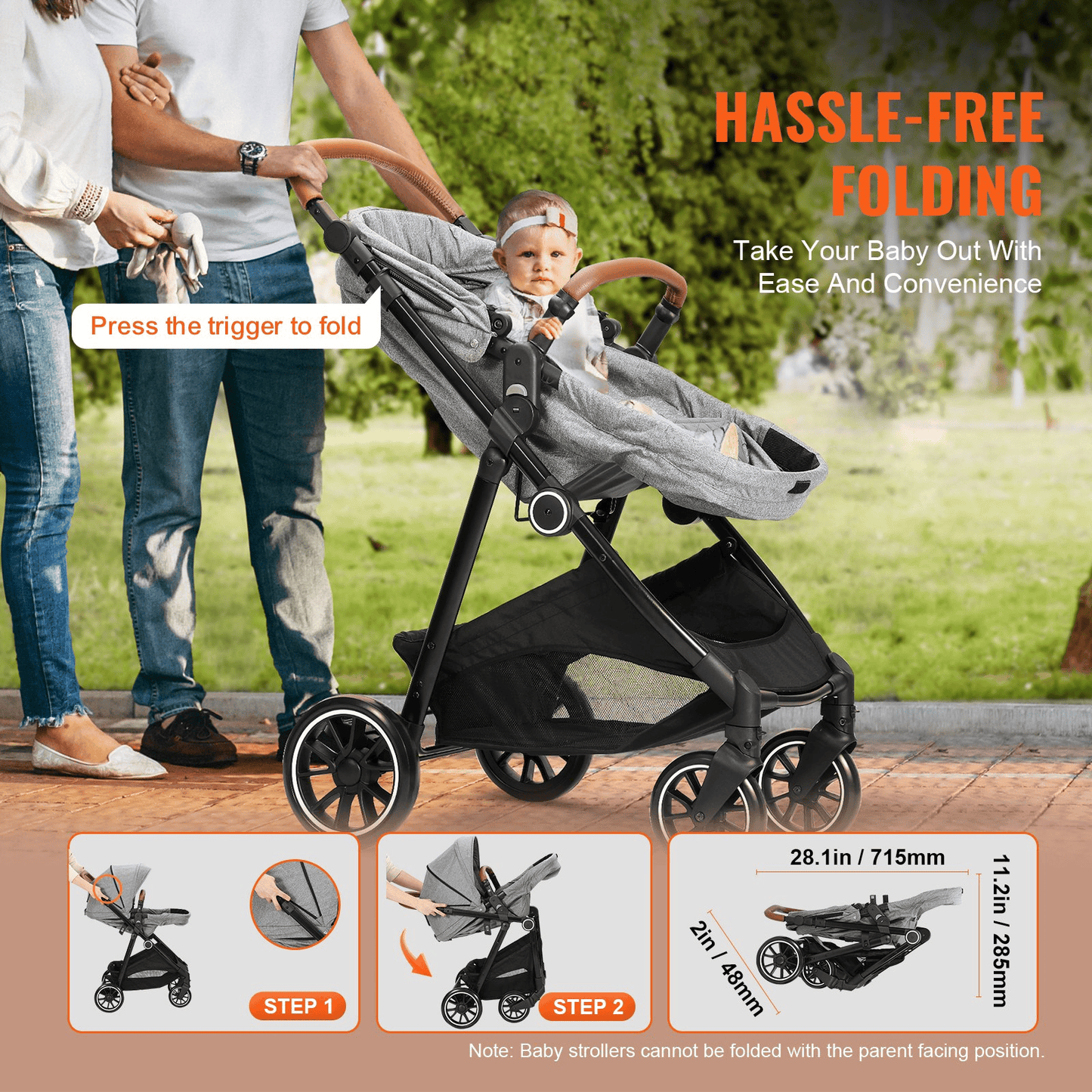 Standard Baby Stroller, Infant Toddler Stroller with Bassinet, 3rd-Gear Adjustable Backrest & Foldable & Reversible Seat, Carbon Steel Newborn Stroller with Leg Cover and Mesh Net, Dark Grey - The Little Big Store