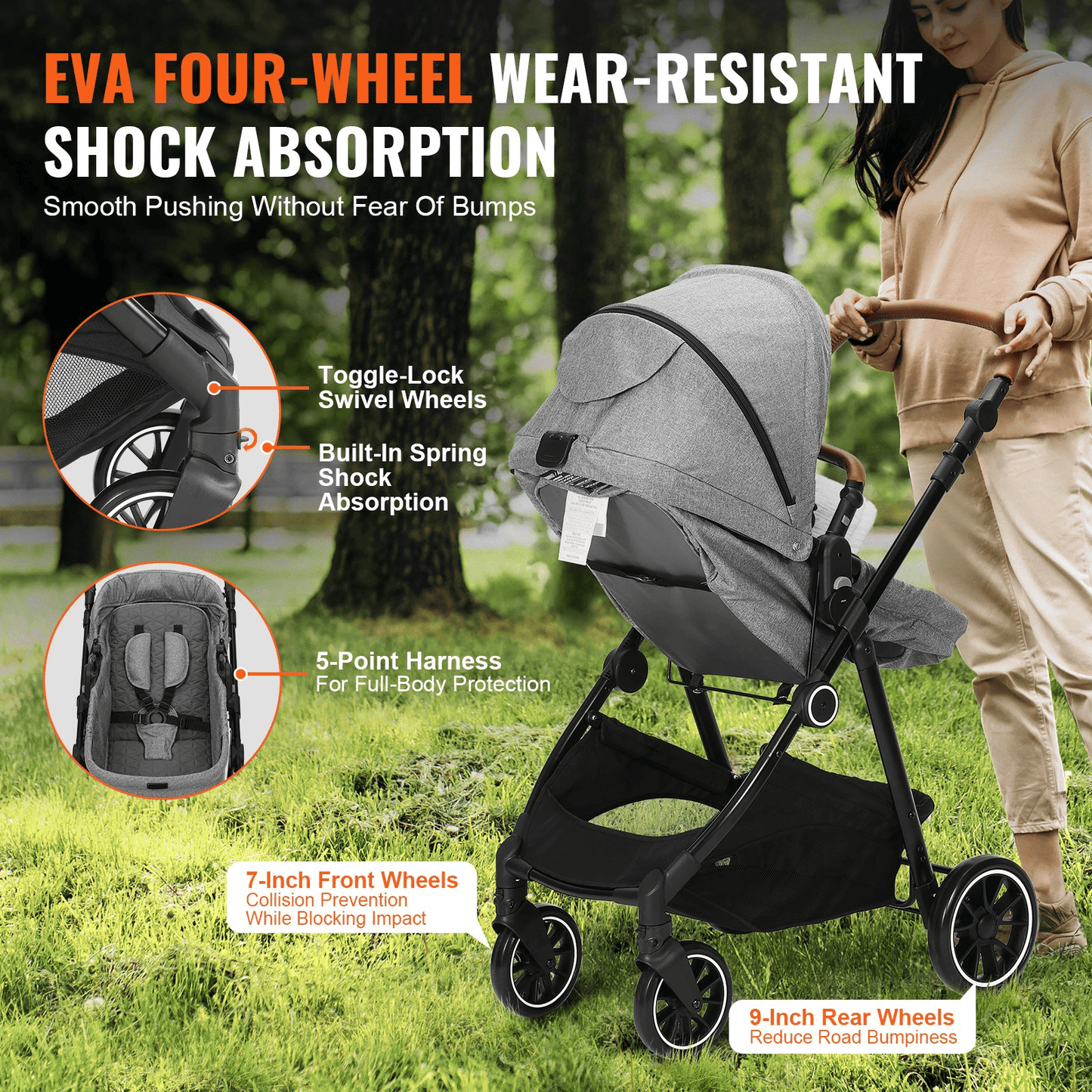Standard Baby Stroller, Infant Toddler Stroller with Bassinet, 3rd-Gear Adjustable Backrest & Foldable & Reversible Seat, Carbon Steel Newborn Stroller with Leg Cover and Mesh Net, Dark Grey - The Little Big Store