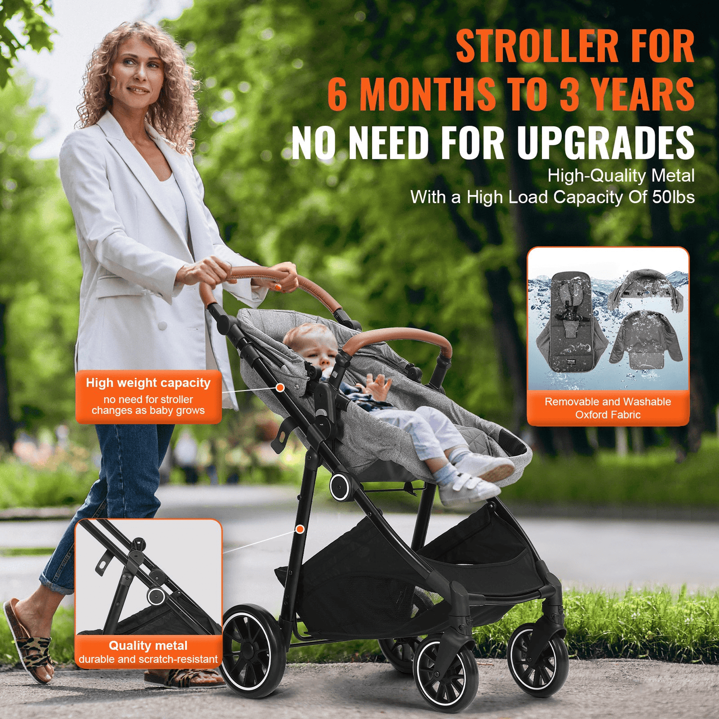 Standard Baby Stroller, Infant Toddler Stroller with Bassinet, 3rd-Gear Adjustable Backrest & Foldable & Reversible Seat, Carbon Steel Newborn Stroller with Leg Cover and Mesh Net, Dark Grey - The Little Big Store