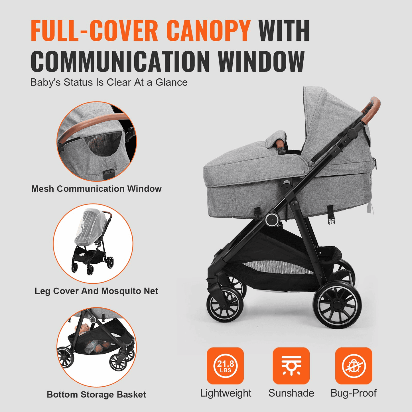 Standard Baby Stroller, Infant Toddler Stroller with Bassinet, 3rd-Gear Adjustable Backrest & Foldable & Reversible Seat, Carbon Steel Newborn Stroller with Leg Cover and Mesh Net, Dark Grey - The Little Big Store