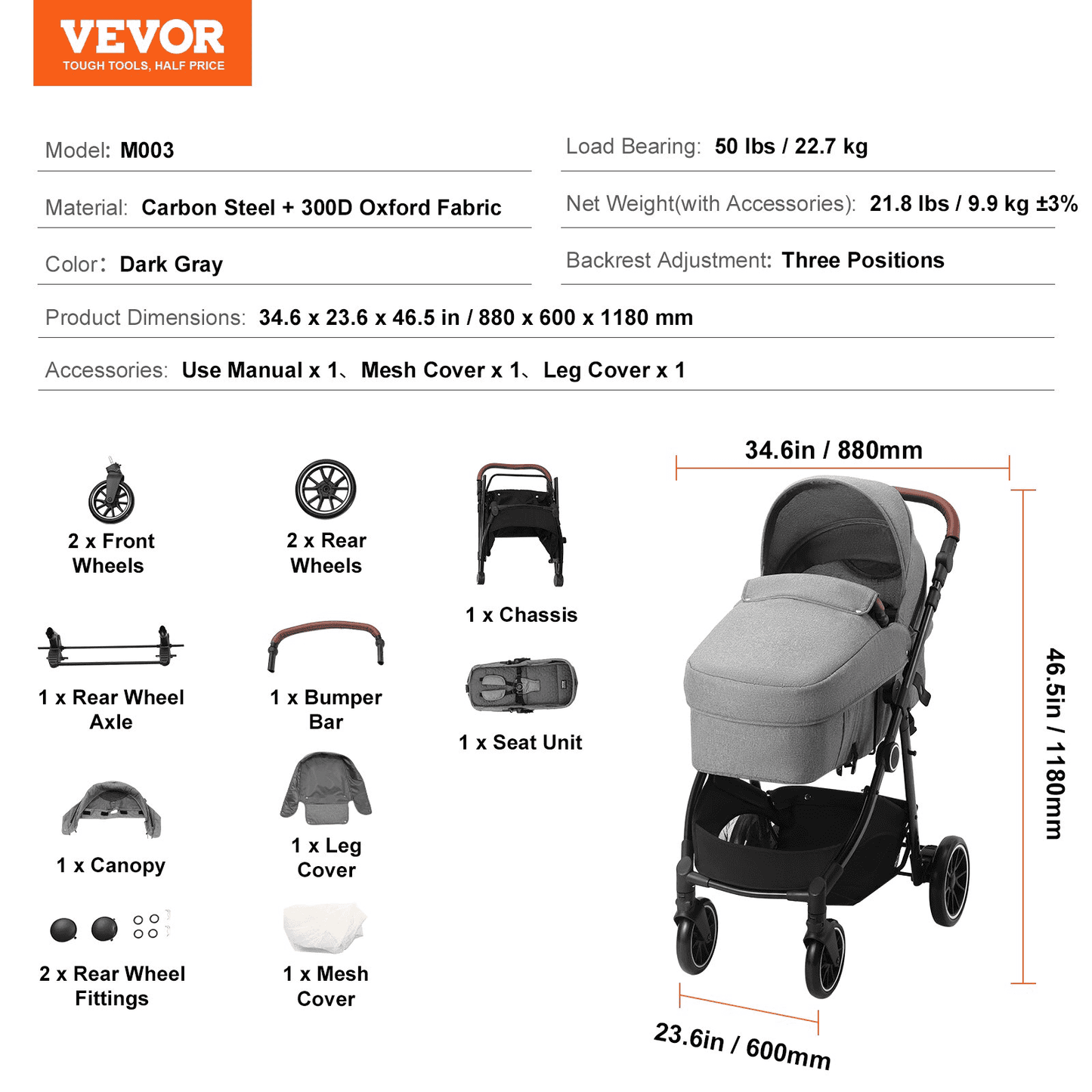 Standard Baby Stroller, Infant Toddler Stroller with Bassinet, 3rd-Gear Adjustable Backrest & Foldable & Reversible Seat, Carbon Steel Newborn Stroller with Leg Cover and Mesh Net, Dark Grey - The Little Big Store
