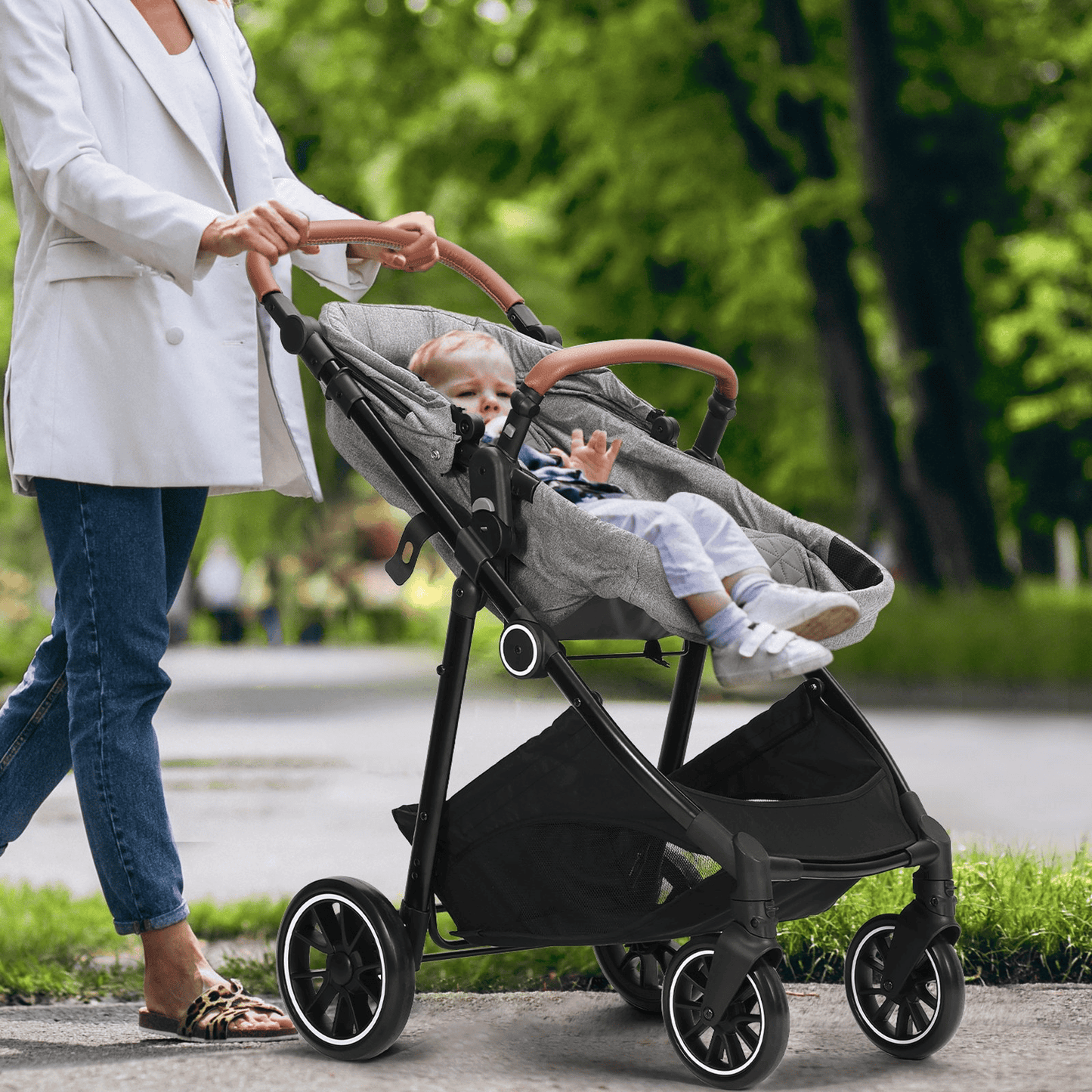 Standard Baby Stroller, Infant Toddler Stroller with Bassinet, 3rd-Gear Adjustable Backrest & Foldable & Reversible Seat, Carbon Steel Newborn Stroller with Leg Cover and Mesh Net, Dark Grey - The Little Big Store