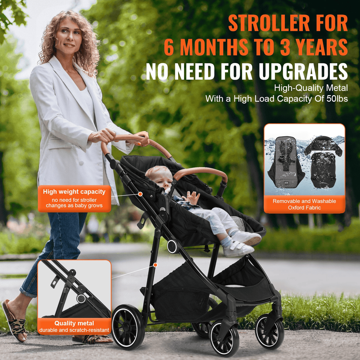 Standard Baby Stroller, Infant Toddler Stroller with Bassinet, 3rd-Gear Adjustable Backrest & Foldable & Reversible Seat, Carbon Steel Newborn Stroller with Leg Cover and Mesh Net, Black - The Little Big Store