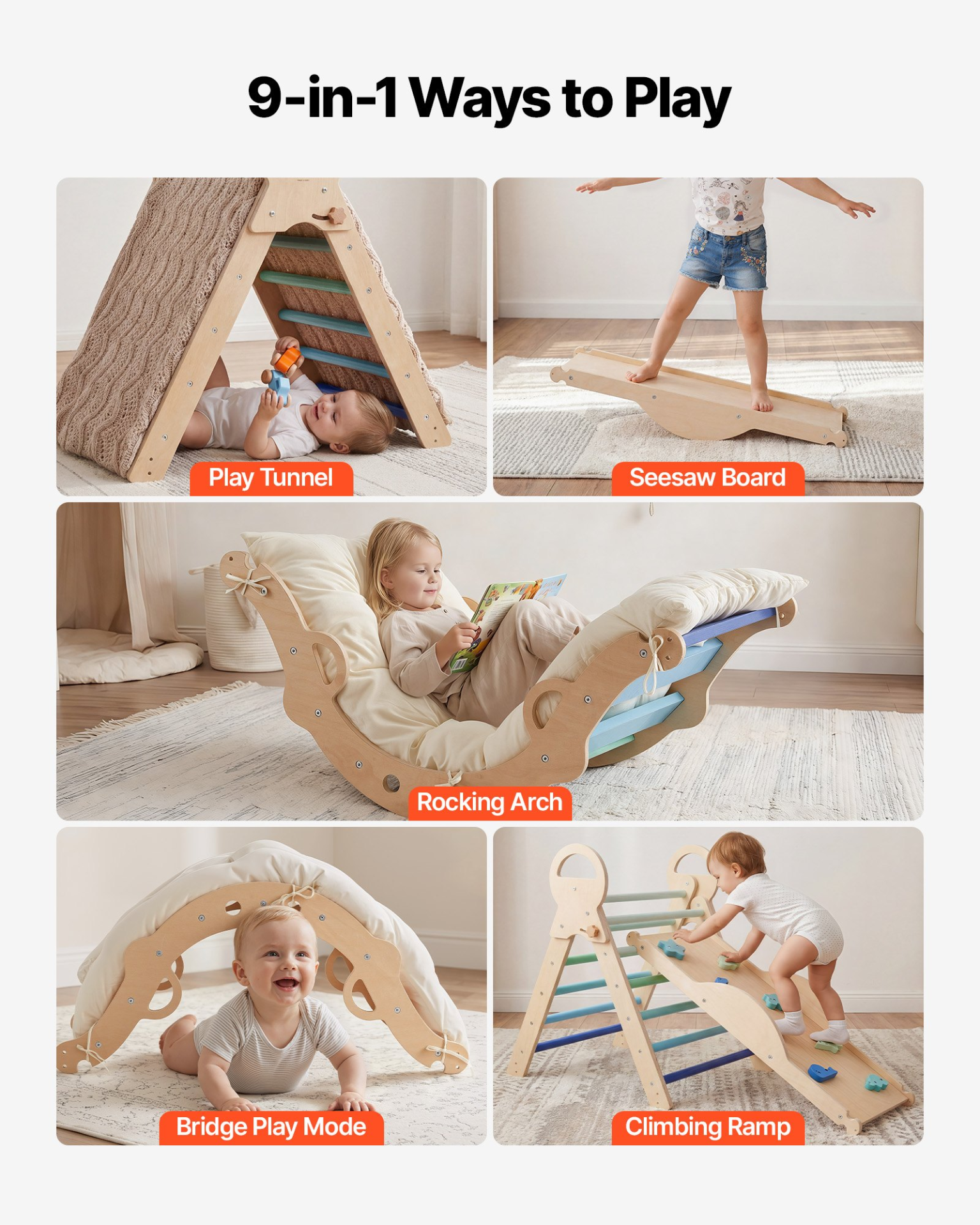 9-in-1 Pikler Triangle Set for Toddlers – Foldable Montessori Climbing Toy with Wooden Cars, Cushion, Arch & Ramp, Blue