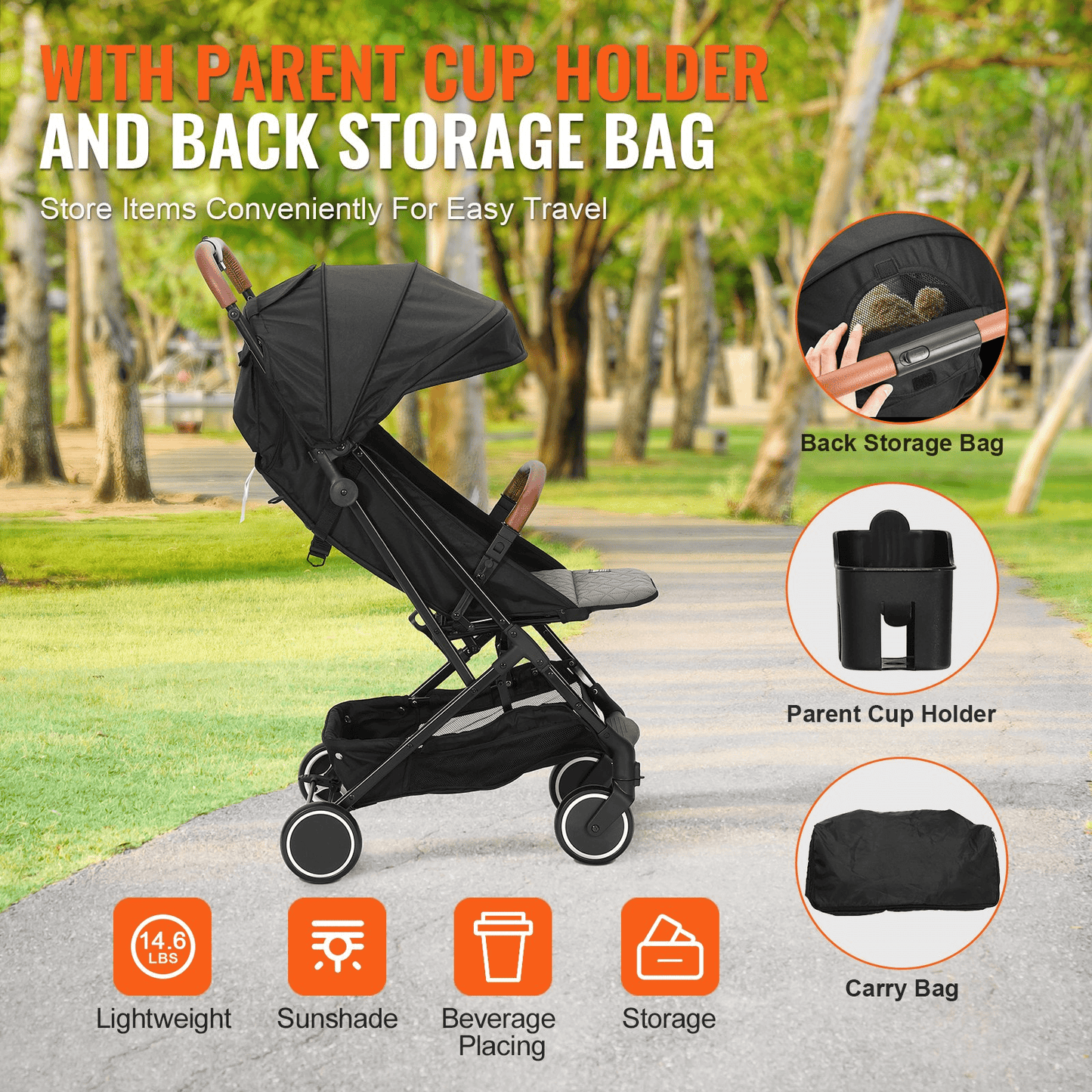 VEVOR Standard Baby Infant Stroller, Toddler Stroller with 95°-150° Adjustable Backrest & & 0/90°Adjustable Footrest & One-click Folding, Newborn Stroller with Cup Holder and Carry Bag, Black - The Little Big Store