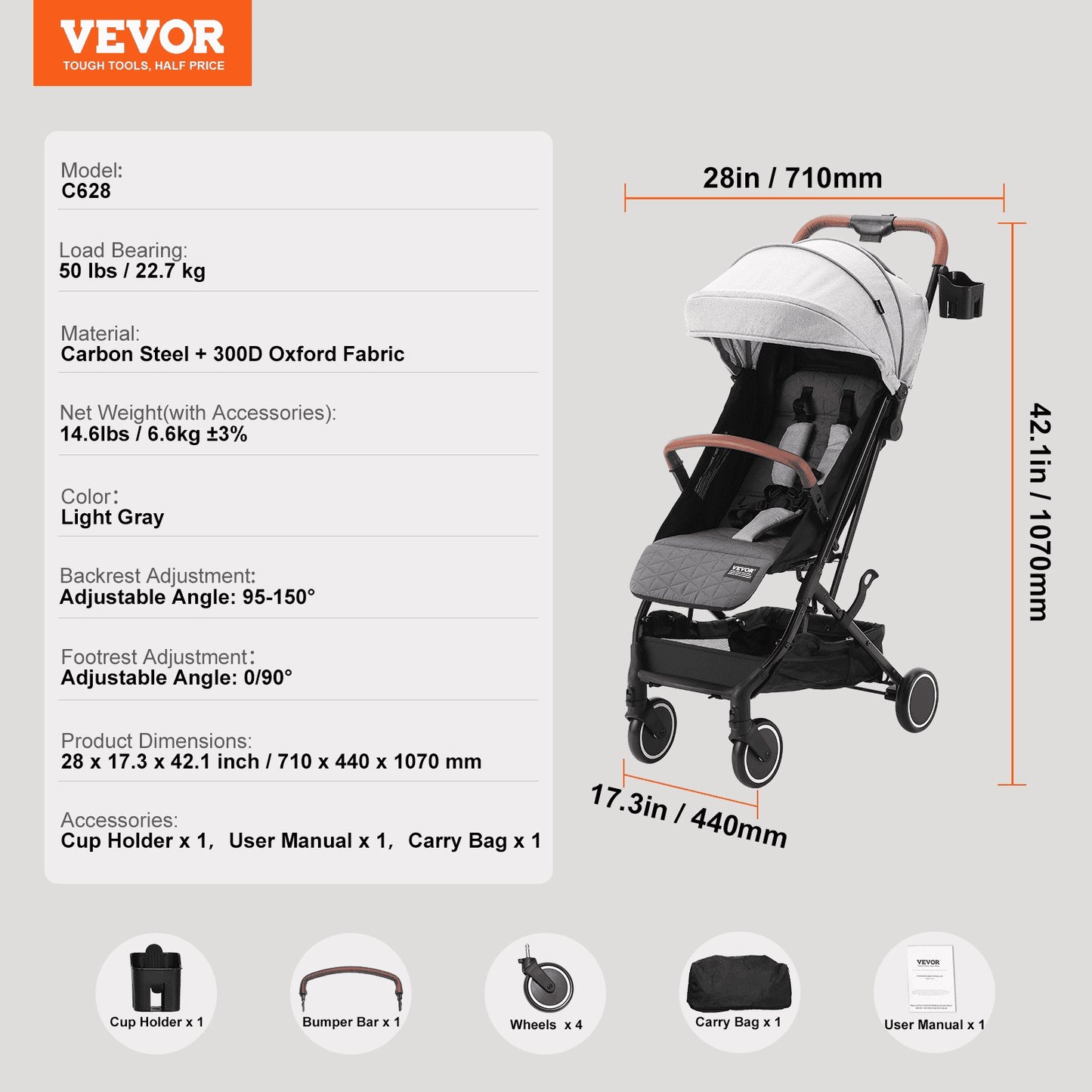 Standard Baby Infant Stroller, Toddler Stroller with 95°-150° Adjustable Backrest & & 0/90°Adjustable Footrest & One-click Folding, Newborn Stroller with Cup Holder and Carry Bag, Light Grey - The Little Big Store