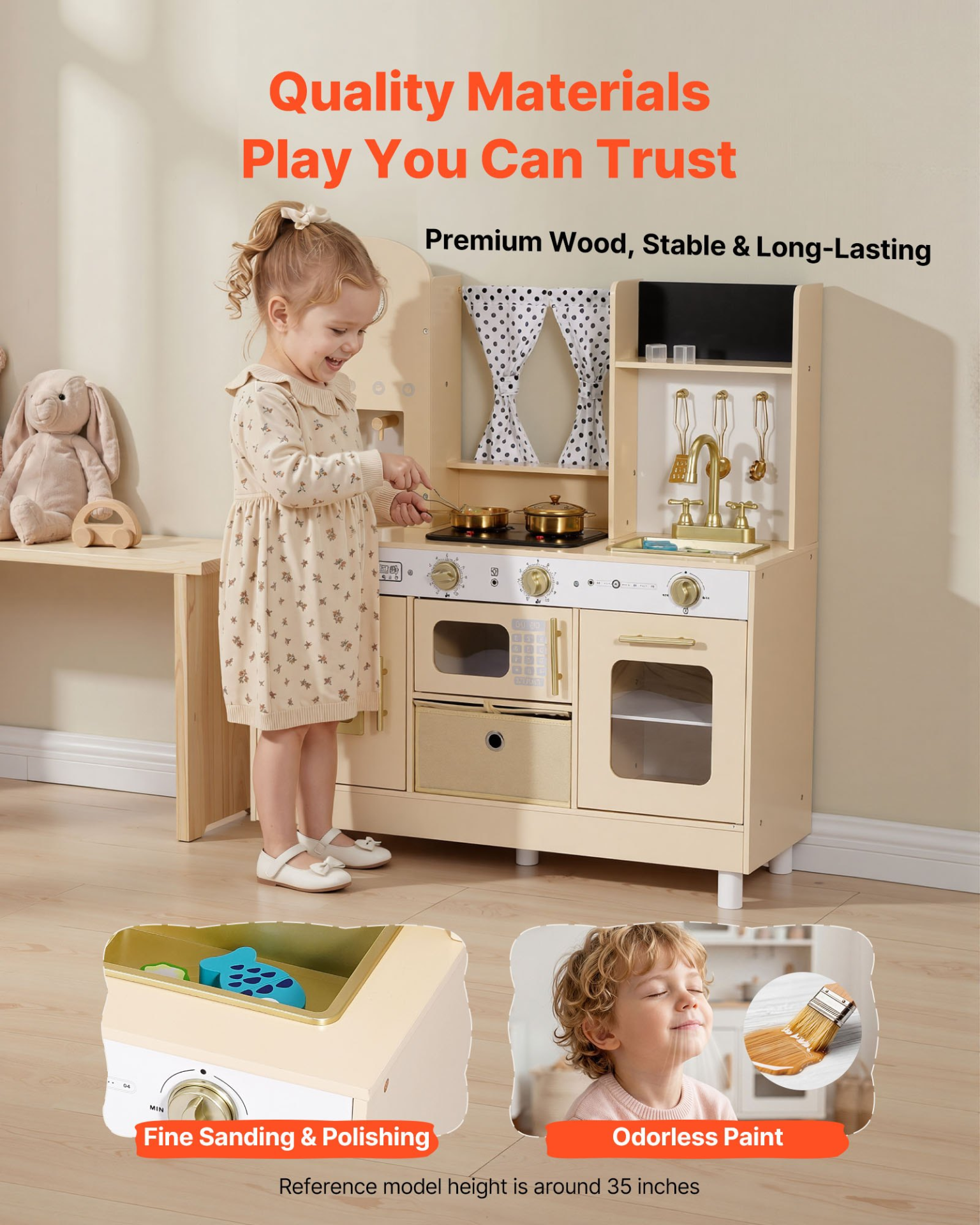 VEVOR Play Kitchen for Kids, Wooden, Kids Kitchen Playset with Realistic Lights & Sounds, Food & Cookware, Modern Style Pretend Play Toy Set, Ice Maker, Microwave, for Toddlers, Girls & Boys Ages 3-8