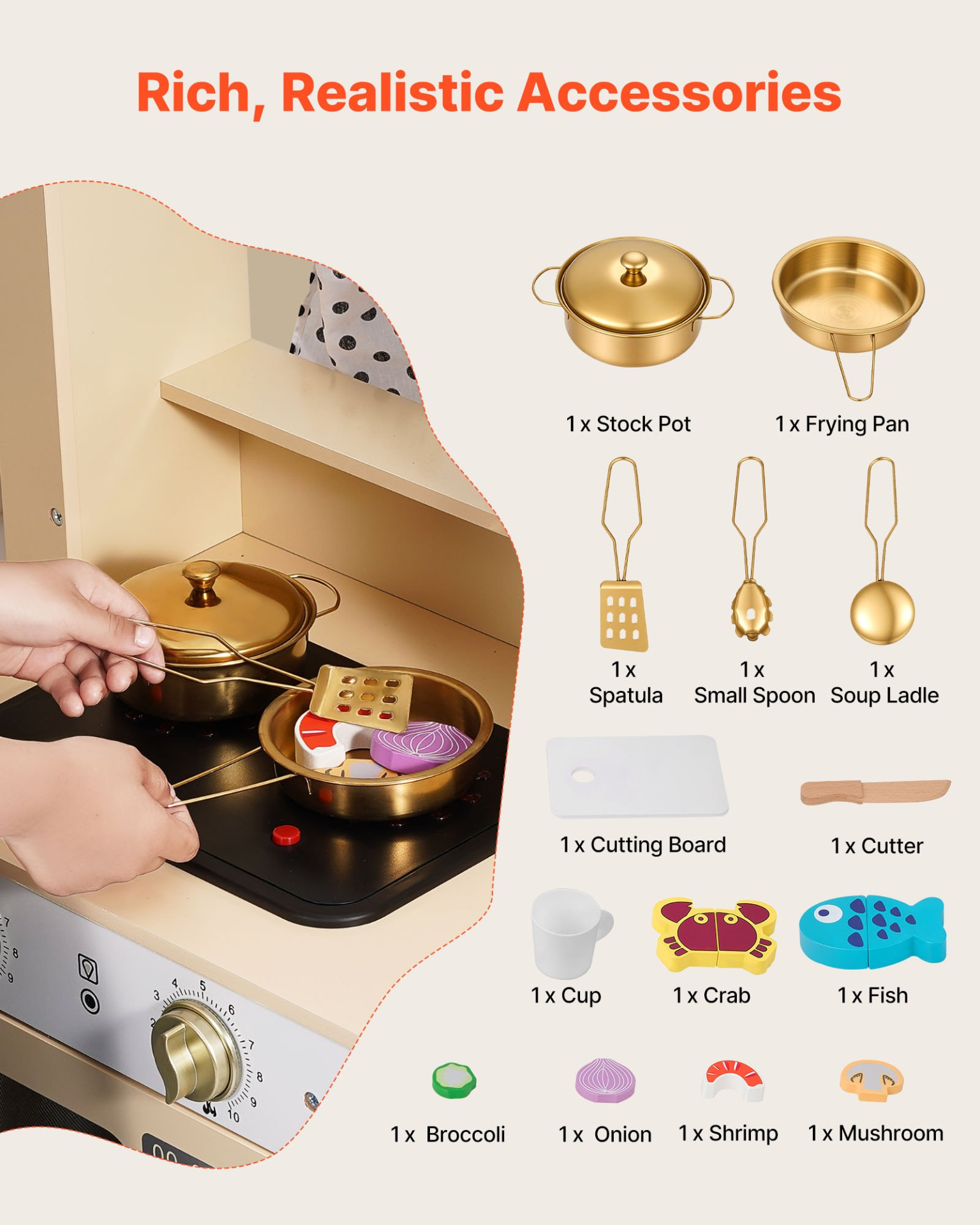 VEVOR Play Kitchen for Kids, Wooden, Kids Kitchen Playset with Realistic Lights & Sounds, Food & Cookware, Modern Style Pretend Play Toy Set, Ice Maker, Microwave, for Toddlers, Girls & Boys Ages 3-8