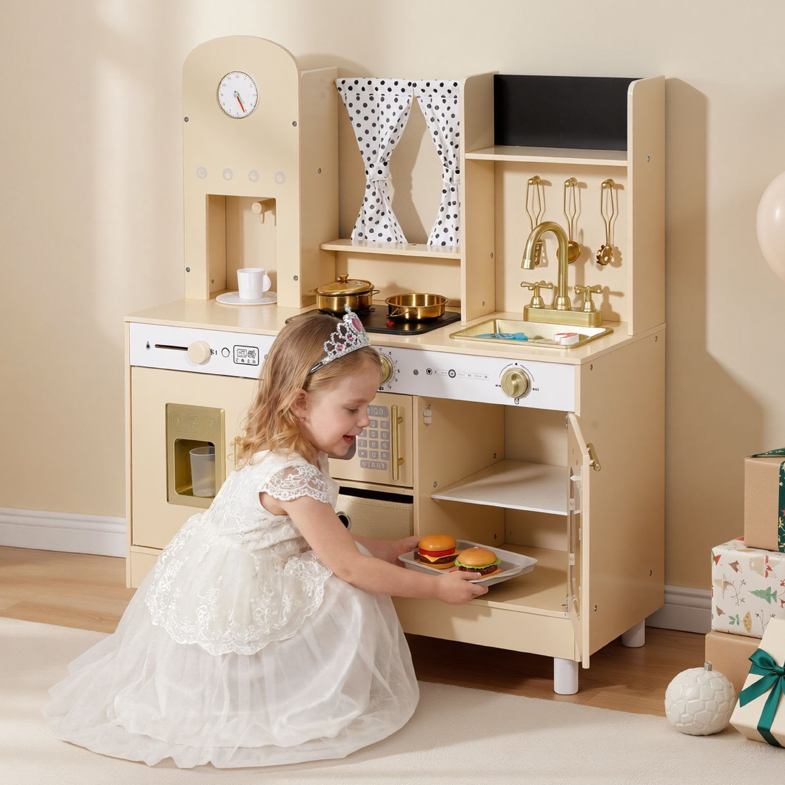 VEVOR Play Kitchen for Kids, Wooden, Kids Kitchen Playset with Realistic Lights & Sounds, Food & Cookware, Modern Style Pretend Play Toy Set, Ice Maker, Microwave, for Toddlers, Girls & Boys Ages 3-8