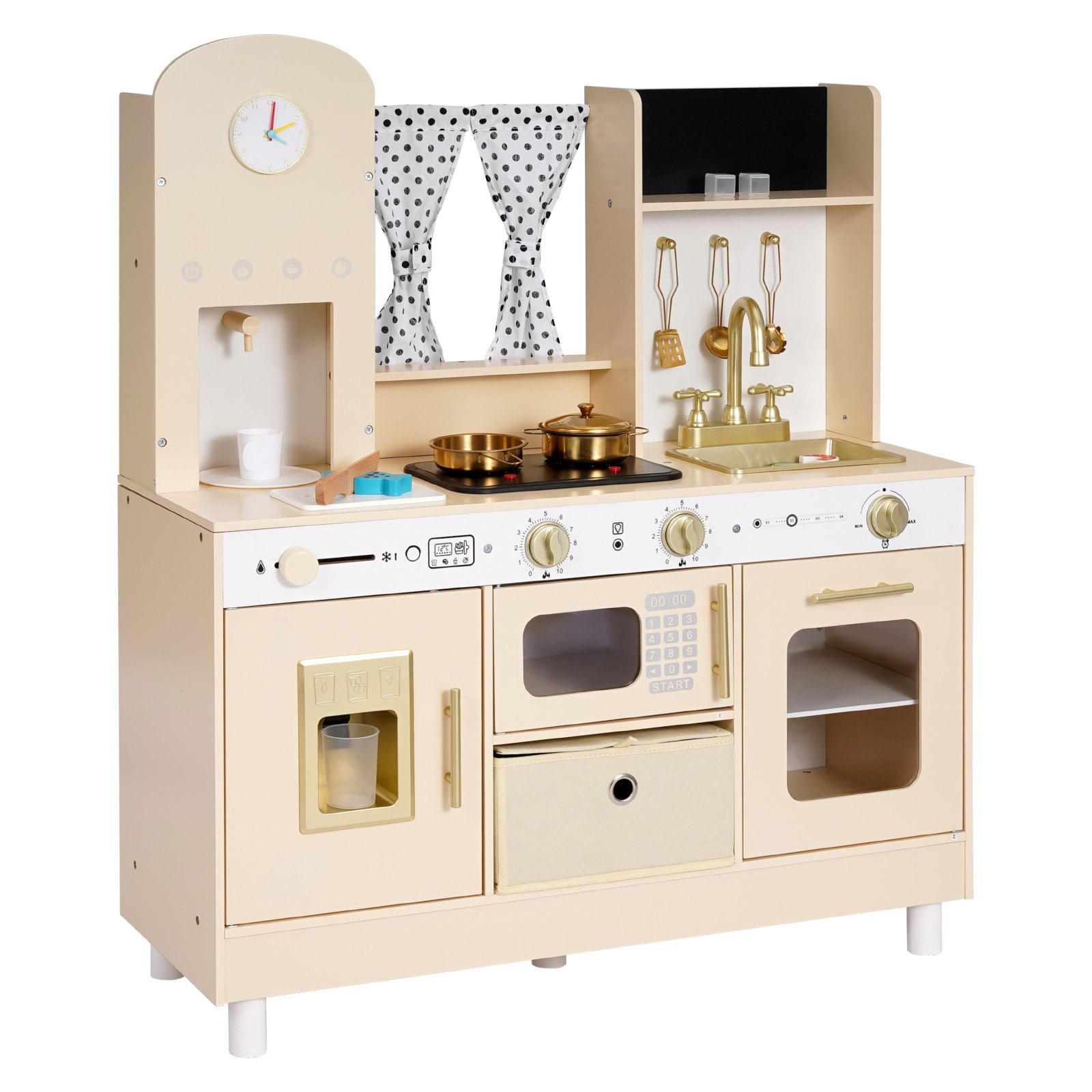 VEVOR Play Kitchen for Kids, Wooden, Kids Kitchen Playset with Realistic Lights & Sounds, Food & Cookware, Modern Style Pretend Play Toy Set, Ice Maker, Microwave, for Toddlers, Girls & Boys Ages 3-8