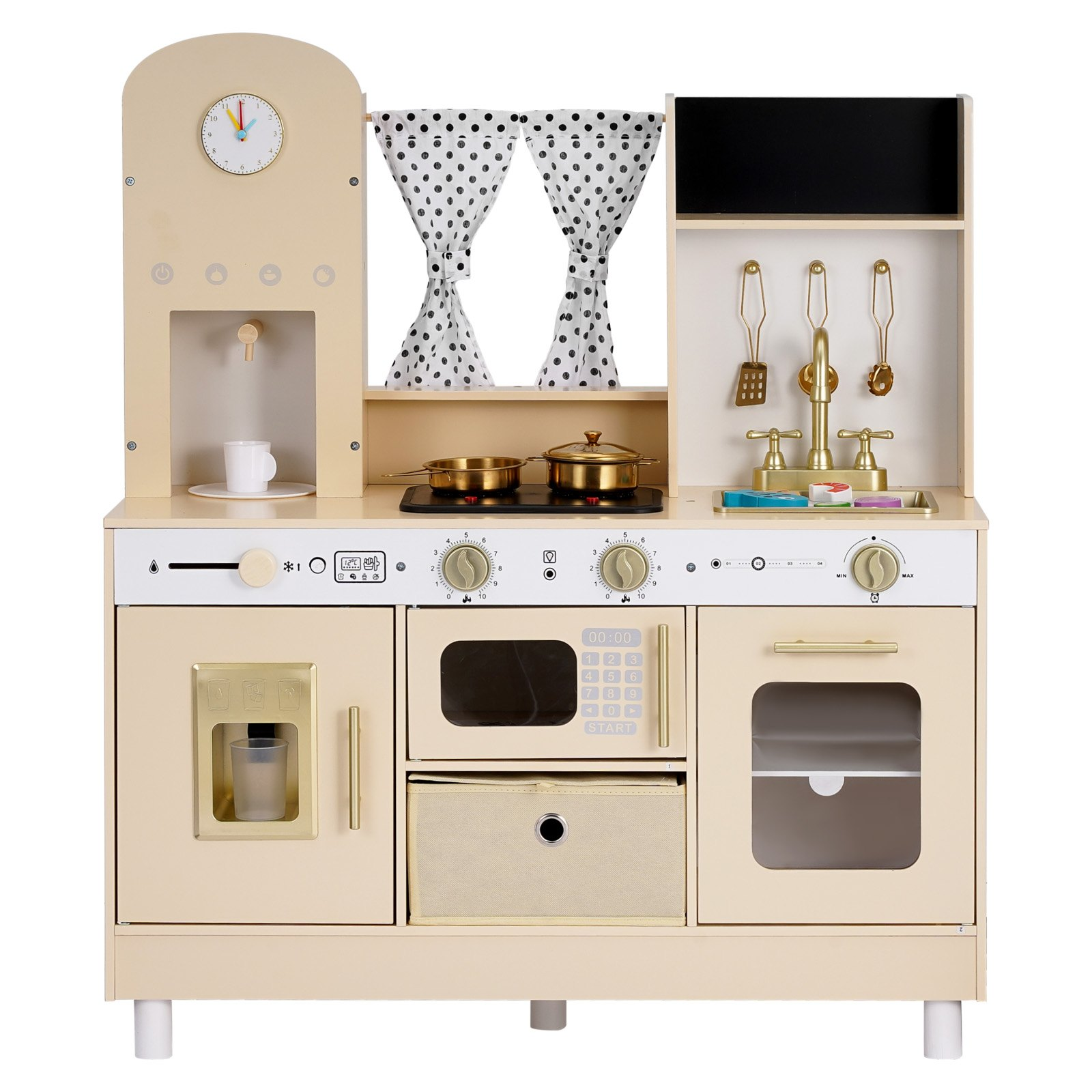 VEVOR Play Kitchen for Kids, Wooden, Kids Kitchen Playset with Realistic Lights & Sounds, Food & Cookware, Modern Style Pretend Play Toy Set, Ice Maker, Microwave, for Toddlers, Girls & Boys Ages 3-8