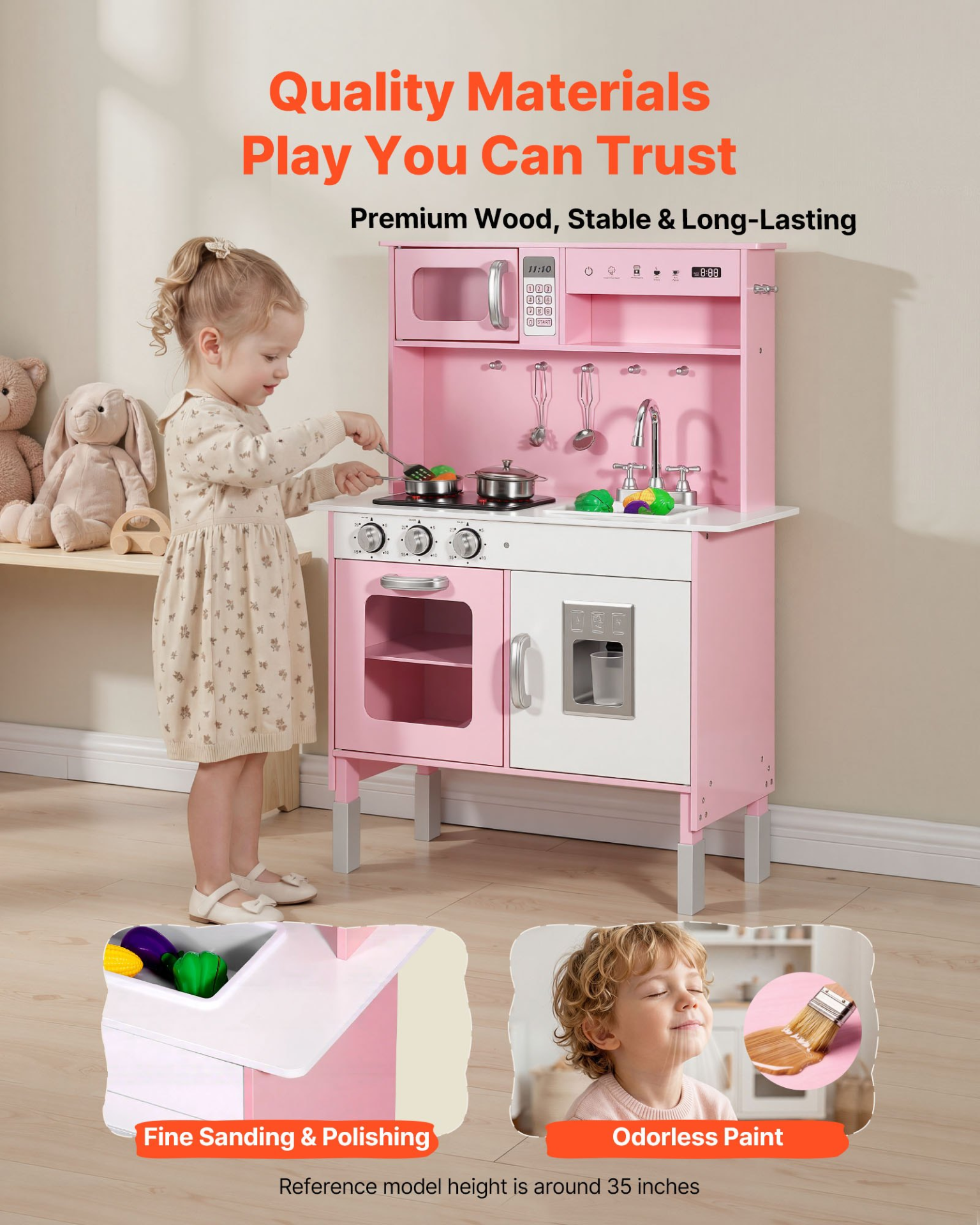 VEVOR Play Kitchen for Kids, Wooden, Kids Kitchen Playset with Real Lights & Sounds, Food & Cookware, Pretend Play Toy Set, Microwave, Oven, Clicking Knobs, for Toddlers, Girls & Boys Ages 3-8, Pink