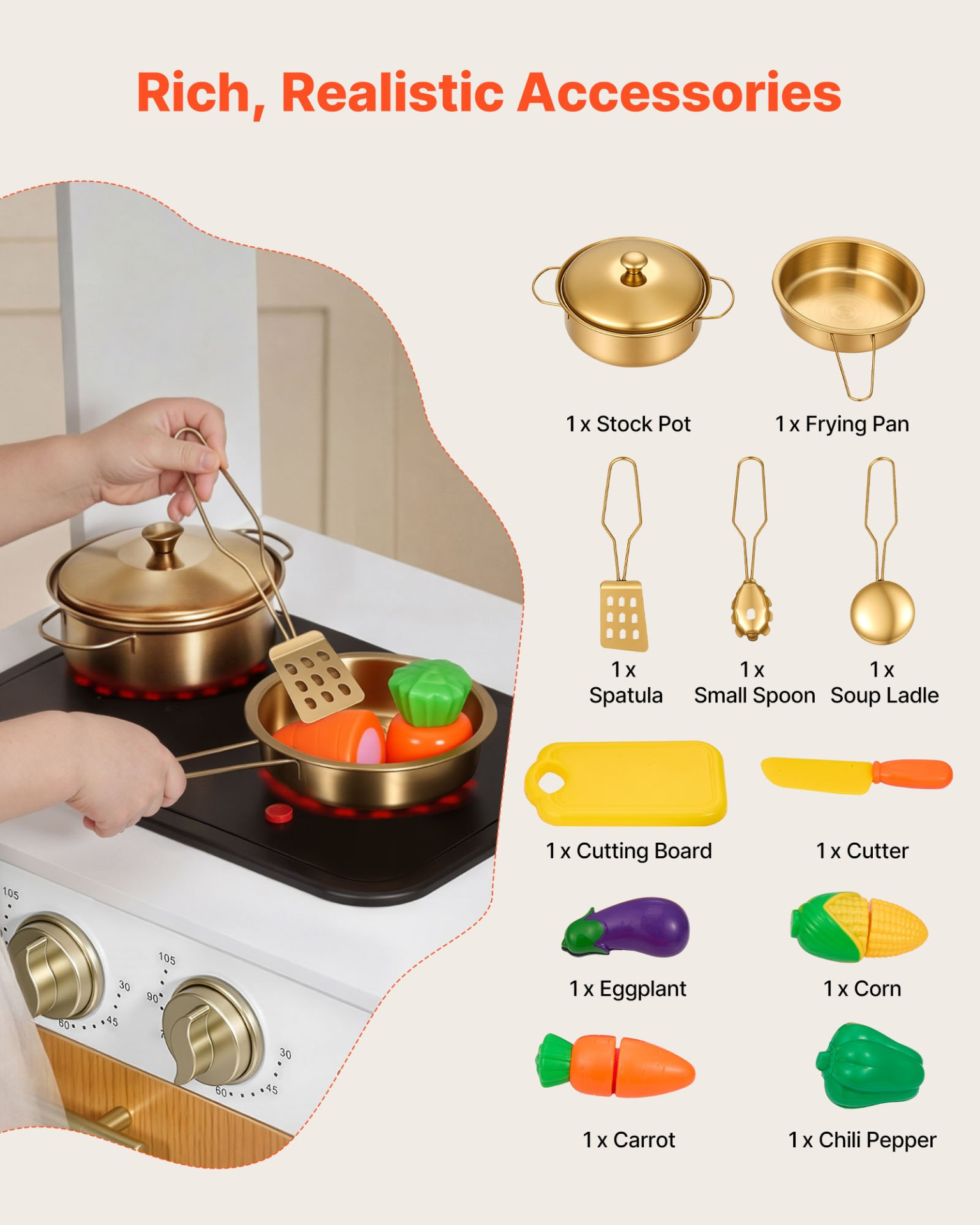 VEVOR Play Kitchen for Kids, Wooden, Kids Kitchen Playset with Real Lights & Sounds, Food & Cookware Accessories, Pretend Play Toy Set, Sink, Oven, Stove, Cabinet, for Toddlers, Girls & Boys Ages 3-8