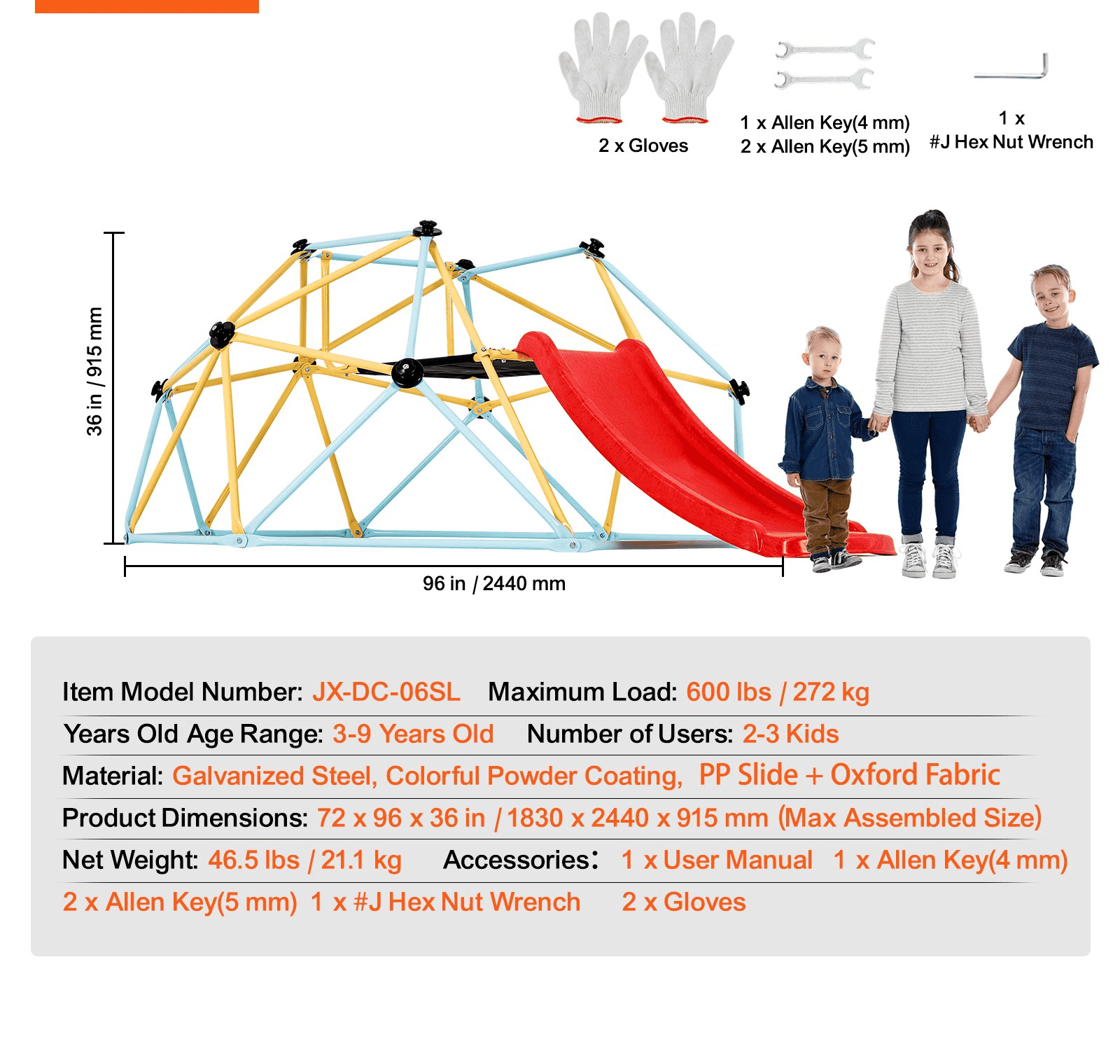 8FT Kids Climbing Dome with Slide – Heavy Duty Jungle Gym