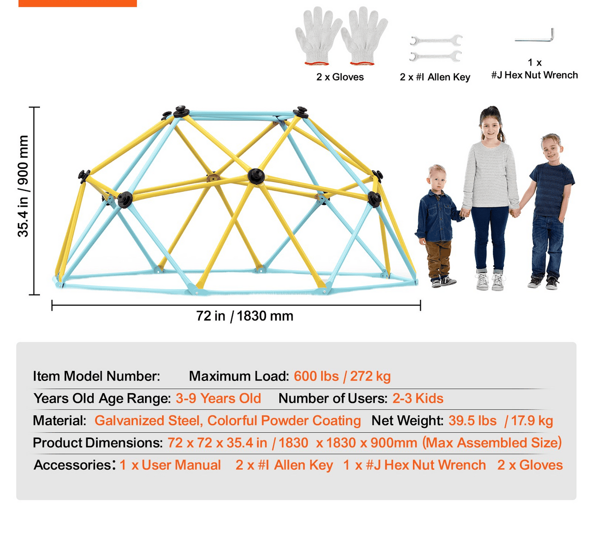 VEVOR Climbing Dome, Jungle Gym Supports 600LBS and Easy Assembly, 6FT Geometric Dome Climber Play Center for Kids 3 to 9 Years Old, with Climbing Grip, Outdoor and Indoor Play Equipment for Kids - The Little Big Store
