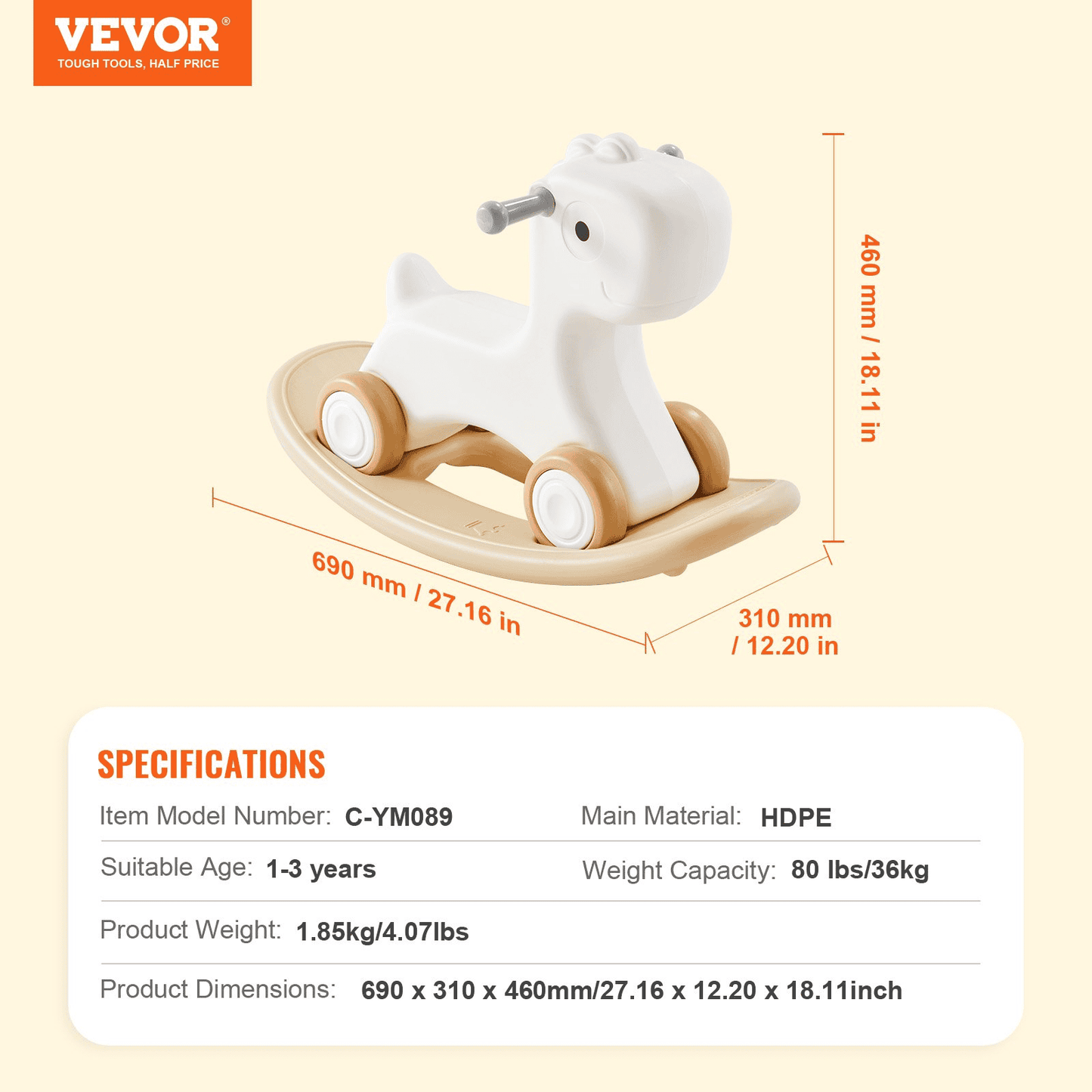 3 in 1 Rocking Horse for Toddlers 1-3 Years, Baby Rocking Horse with Detachable Balance Board and 4 Smooth Wheels, Support up to HDPE Material 80 lbs Kids Ride on Toy, 40° Swinging, White - The Little Big Store