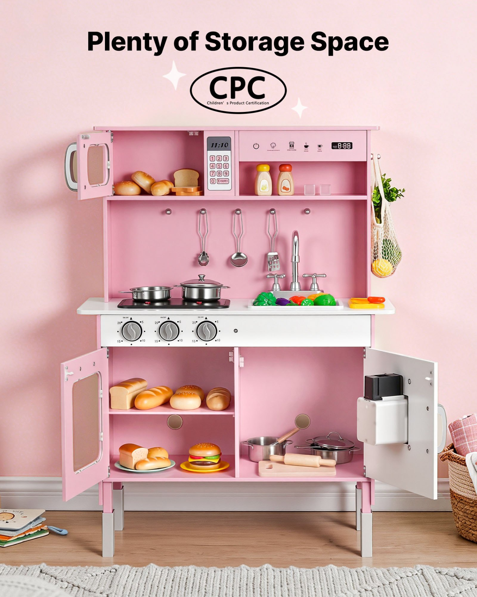 VEVOR Play Kitchen for Kids, Wooden, Kids Kitchen Playset with Real Lights & Sounds, Food & Cookware, Pretend Play Toy Set, Microwave, Oven, Clicking Knobs, for Toddlers, Girls & Boys Ages 3-8, Pink
