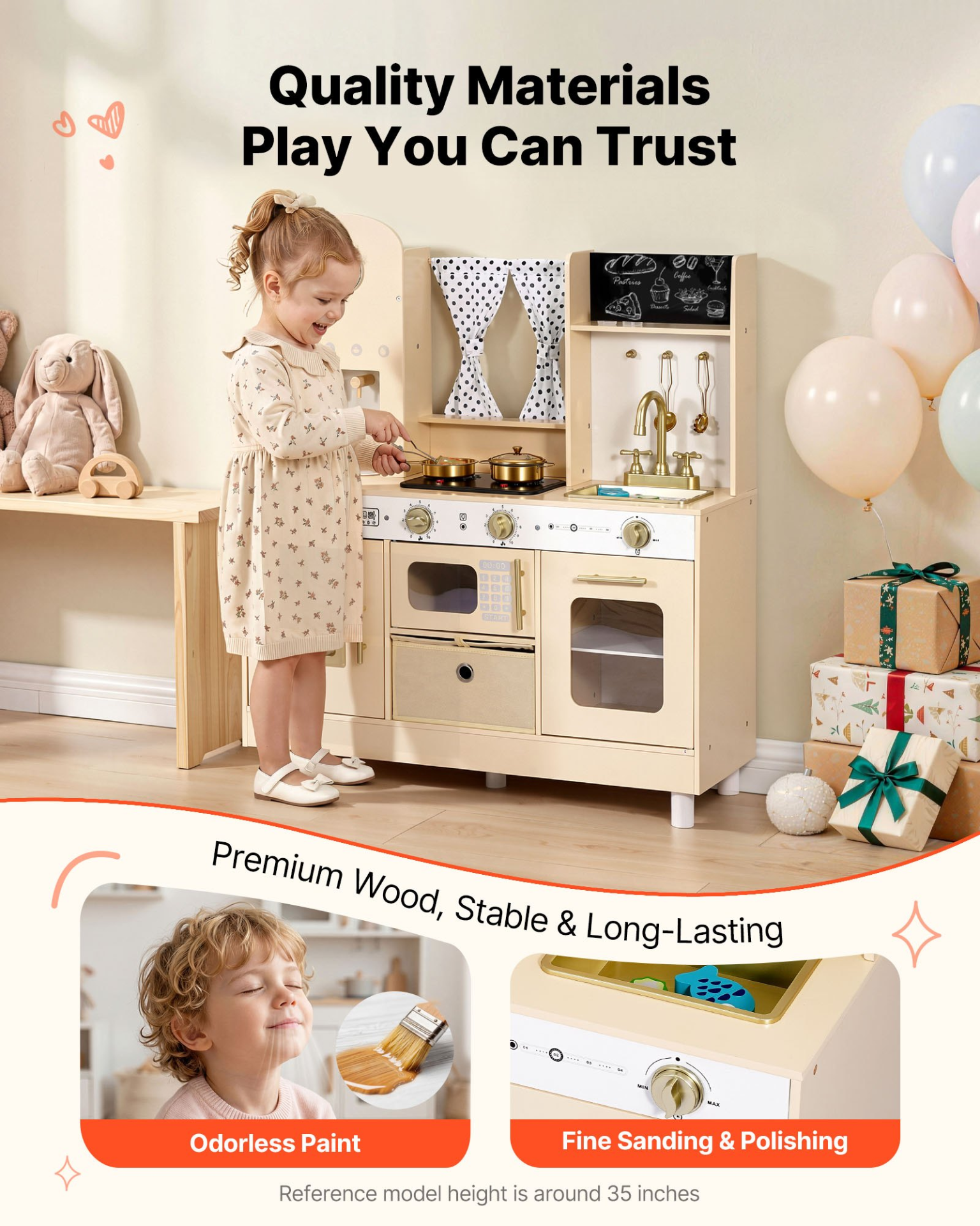 VEVOR Play Kitchen for Kids, Wooden, Kids Kitchen Playset with Realistic Lights & Sounds, Food & Cookware, Modern Style Pretend Play Toy Set, Ice Maker, Microwave, for Toddlers, Girls & Boys Ages 3-8