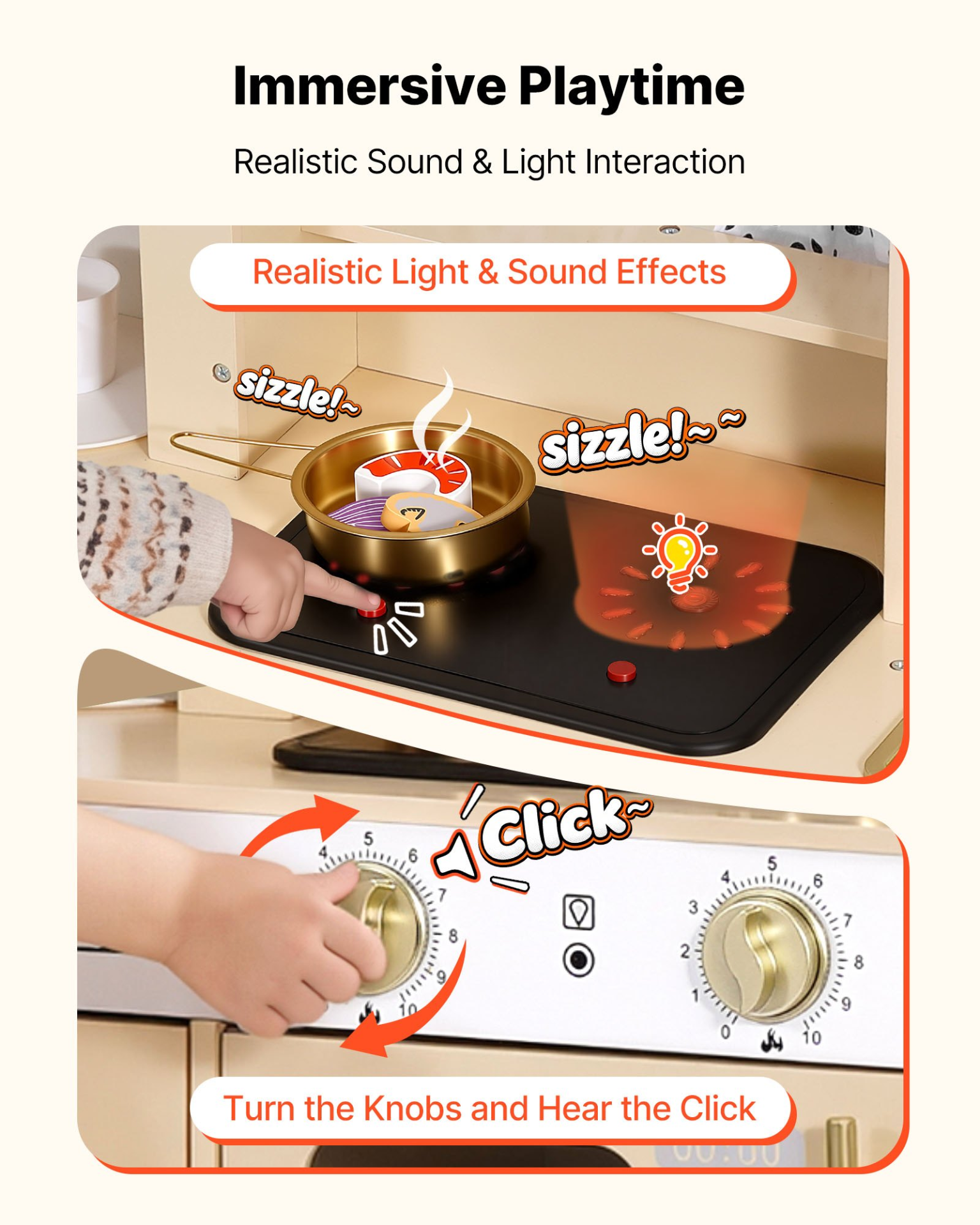 VEVOR Play Kitchen for Kids, Wooden, Kids Kitchen Playset with Realistic Lights & Sounds, Food & Cookware, Modern Style Pretend Play Toy Set, Ice Maker, Microwave, for Toddlers, Girls & Boys Ages 3-8