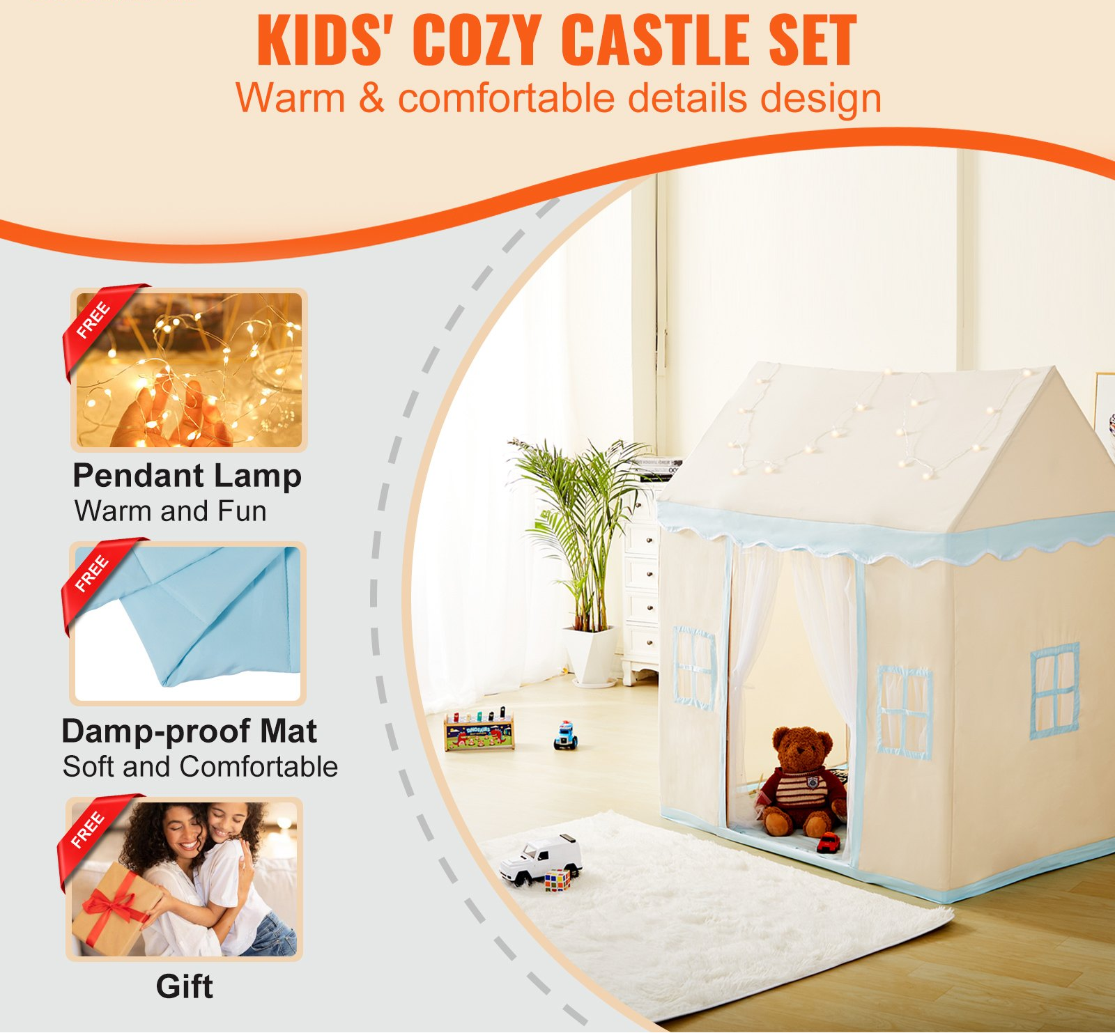Kids House Play Tent with Play Mat & Tent Lamp – Indoor & Outdoor Toddler Playhouse