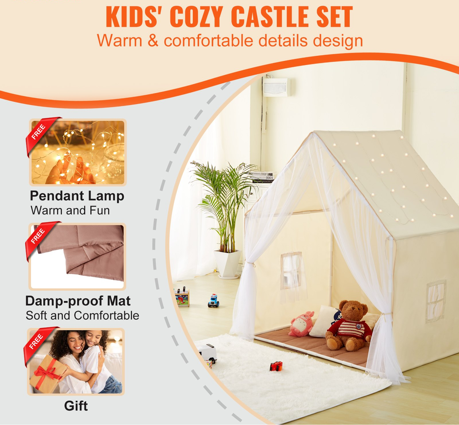 Kids Yurt Play Tent with Play Mat & Tent Lamp – Indoor & Outdoor Toddler Playhouse