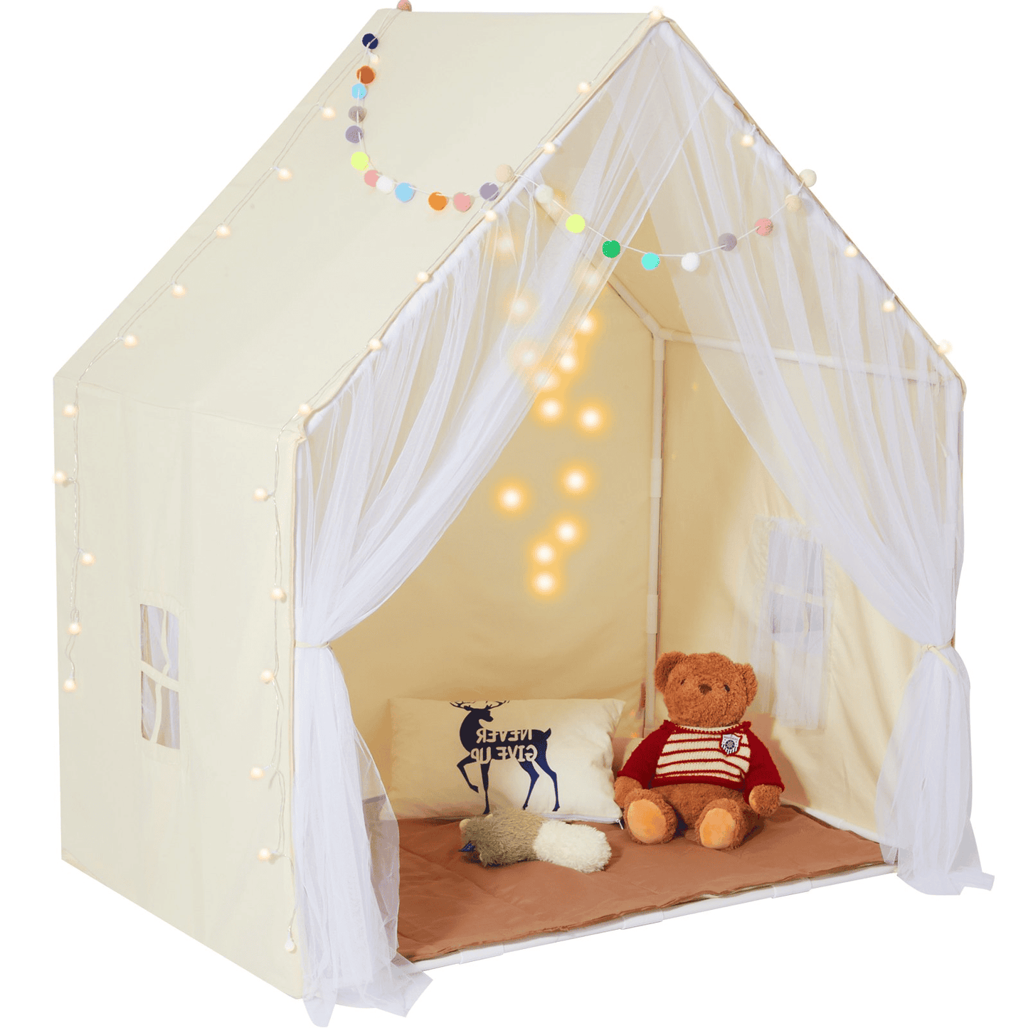 Kids Play Tent, Kids Tent for Kids 1-5 Years Old, Toddler Tent with Mat and Tent Lamp, Tent for Kids with Windows for Indoor and Outdoor, Yurt Tent for Boys and Girls, Beige - The Little Big Store