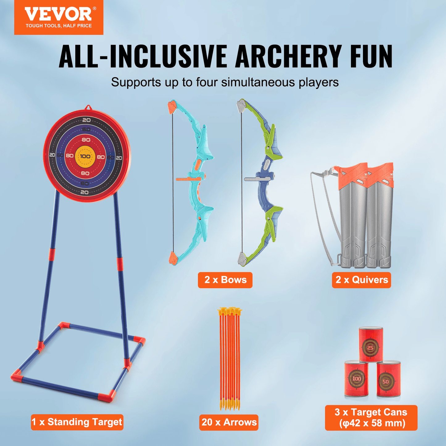 VEVOR Bow and Arrow Set for Kids, 2 Pack LED Light Up Archery Set with 20 Suction Cup Arrows, Standing Target, 2 Quivers, 3 Target Cans, Outdoor Toy Birthday Gift for Boys & Girls 6 7 8 9 10+ Year Old - The Little Big Store