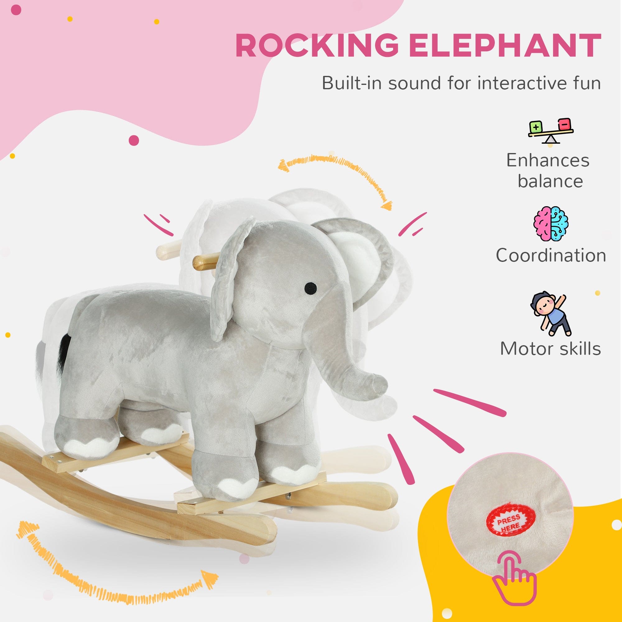 Qaba Rocking Horse, Kids Rocking Animal, Elephant Rocker with Realistic Sounds, Plush Ride on Toy for Years 2-4, Gray - The Little Big Store