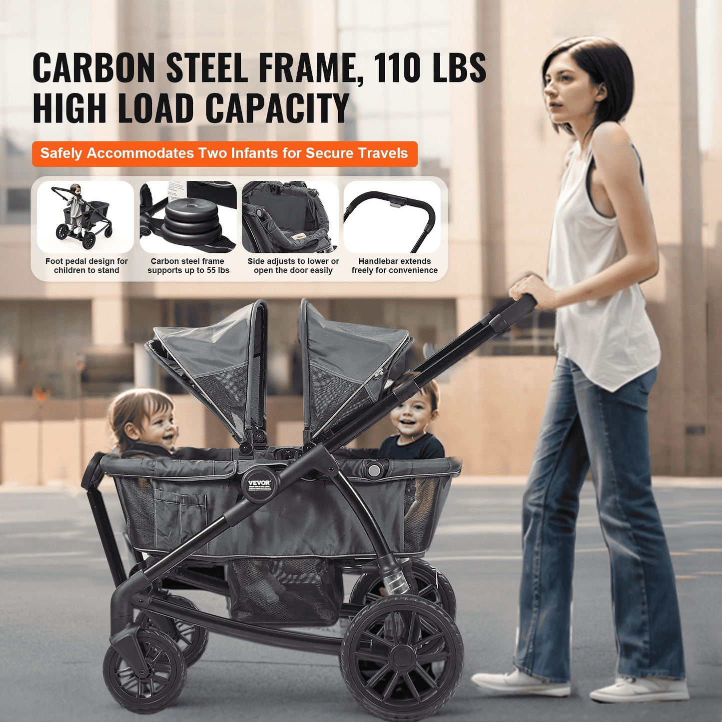 All-Terrain Stroller Wagon, 2 Seats Foldable Expedition 2-in-1 Collapsible Wagon Stroller, Includes Canopy, Parent Organizer, Snack Tray & Cup Holders, 55lbs for Single Seat, Dark Grey/Black - The Little Big Store