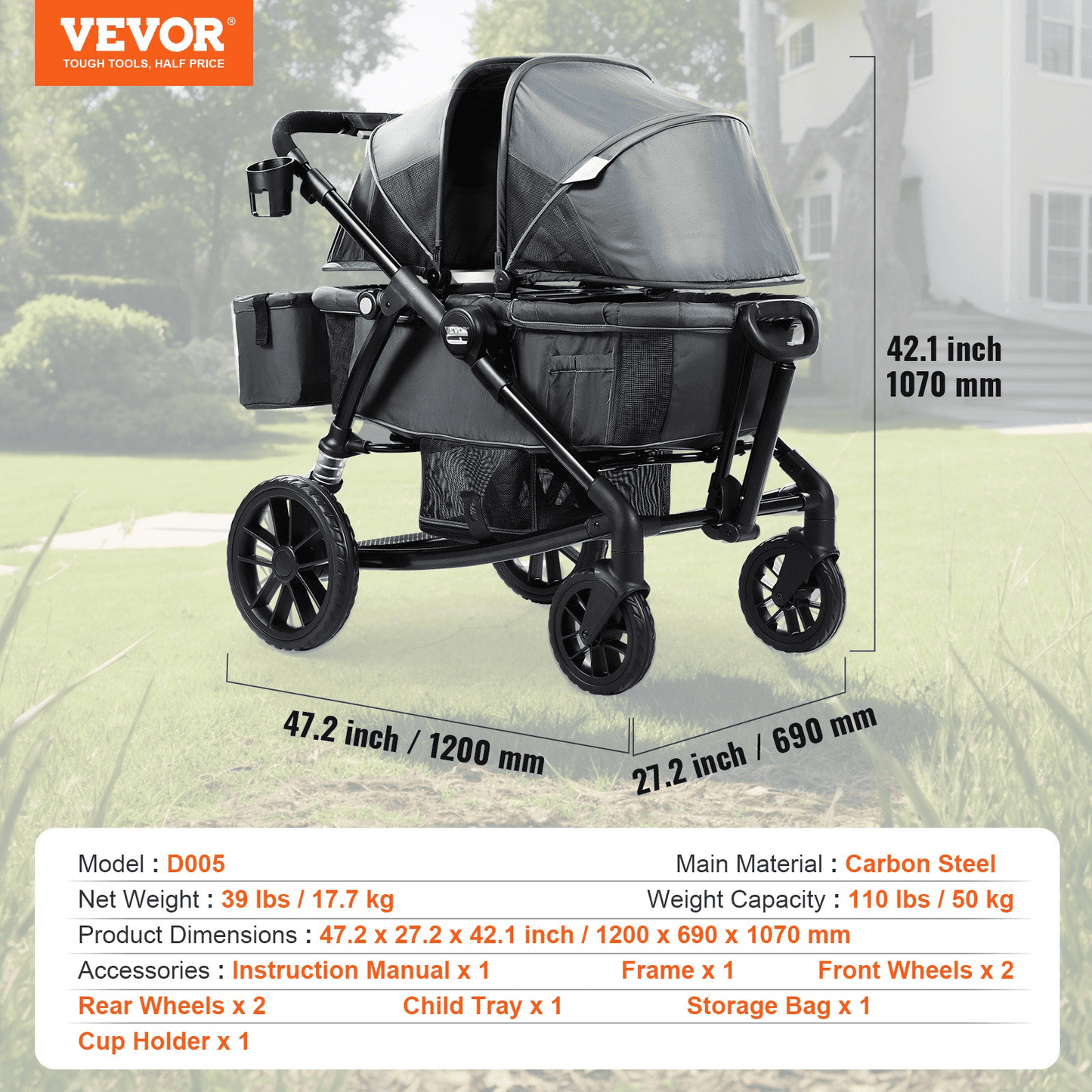 All-Terrain Stroller Wagon, 2 Seats Foldable Expedition 2-in-1 Collapsible Wagon Stroller, Includes Canopy, Parent Organizer, Snack Tray & Cup Holders, 55lbs for Single Seat, Dark Grey/Black - The Little Big Store