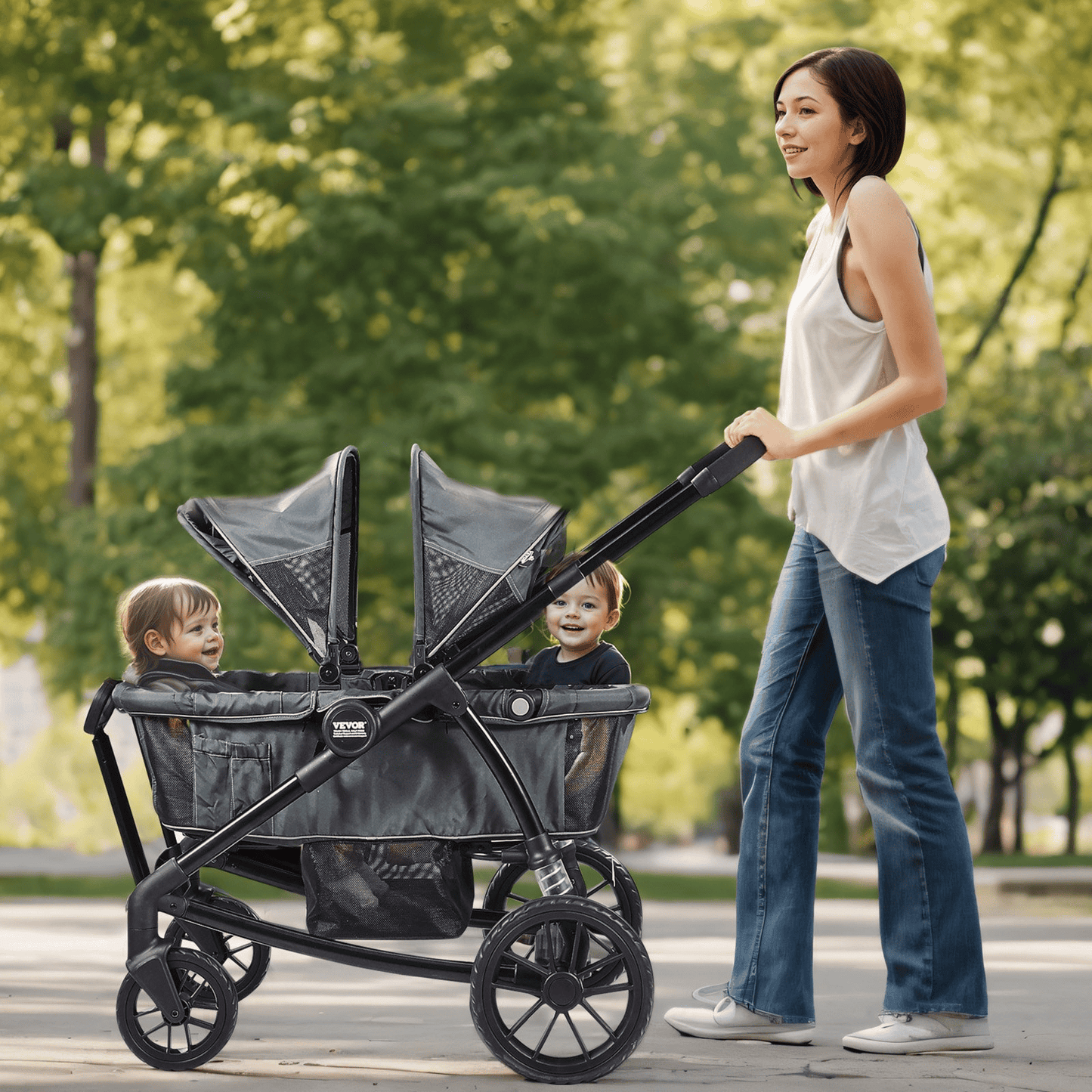 All-Terrain Stroller Wagon, 2 Seats Foldable Expedition 2-in-1 Collapsible Wagon Stroller, Includes Canopy, Parent Organizer, Snack Tray & Cup Holders, 55lbs for Single Seat, Dark Grey/Black - The Little Big Store