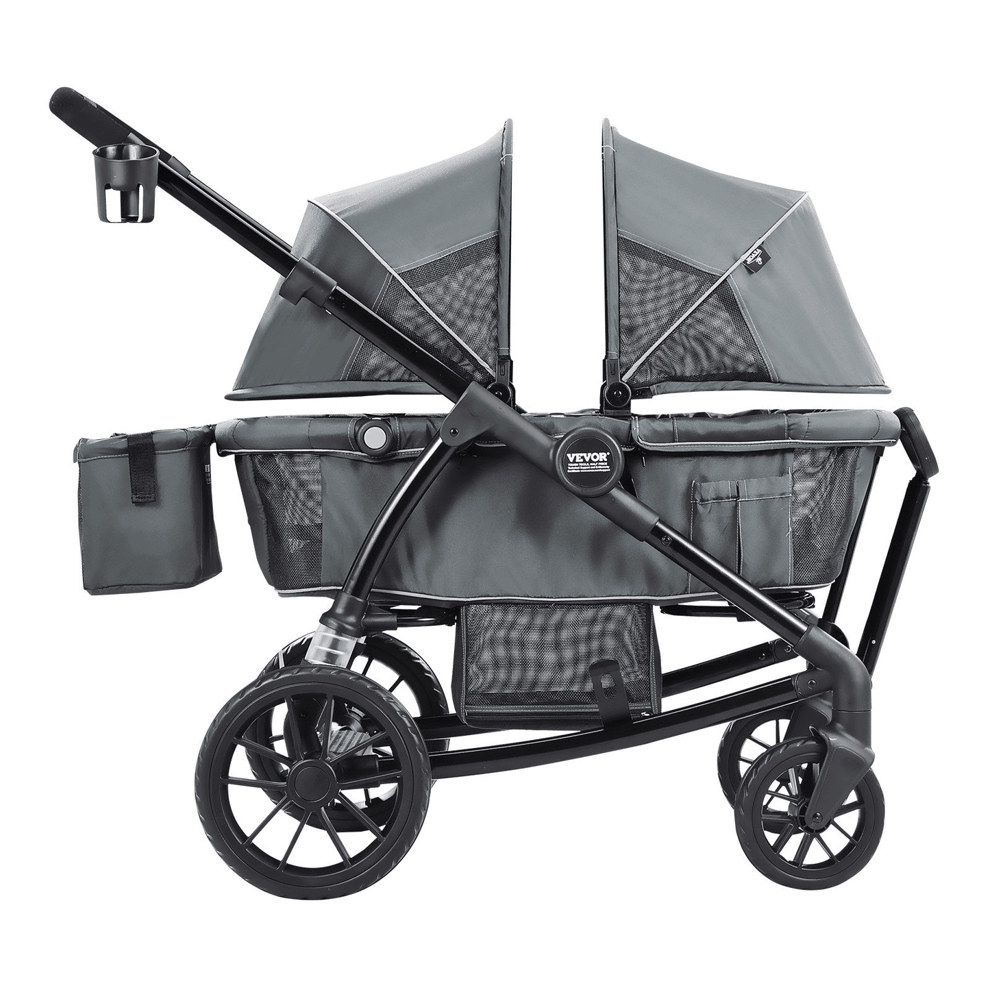All-Terrain Stroller Wagon, 2 Seats Foldable Expedition 2-in-1 Collapsible Wagon Stroller, Includes Canopy, Parent Organizer, Snack Tray & Cup Holders, 55lbs for Single Seat, Dark Grey/Black - The Little Big Store
