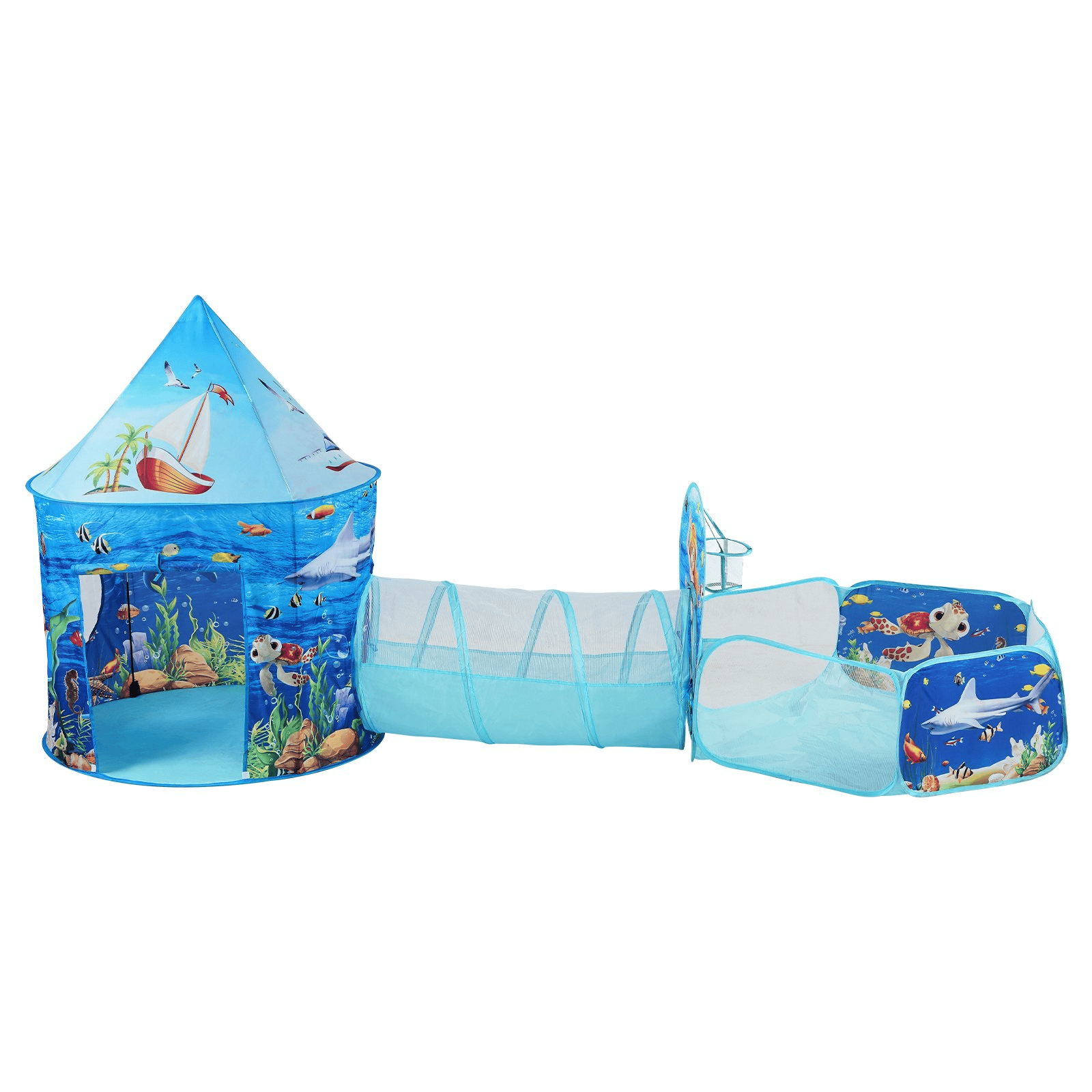 VEVOR 3-in-1 Kids Adventure Play Tent β Tunnel, Basketball Hoop & Ball Pit | Indoor & Outdoor Pop-Up Fun for Toddlers, Boys & Girls, Blue Ocean