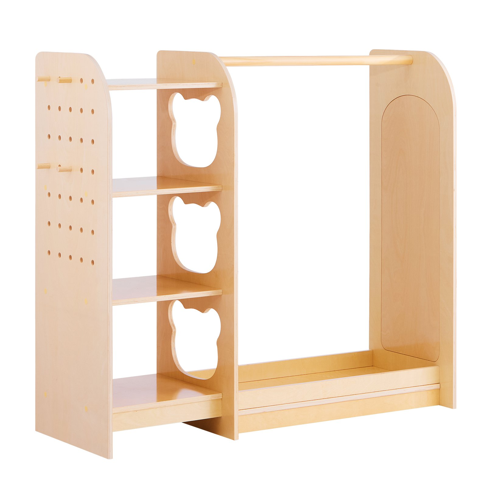 Kids Dress-Up Storage Rack with Mirror – Wooden Toddler Wardrobe Organizer (Natural)