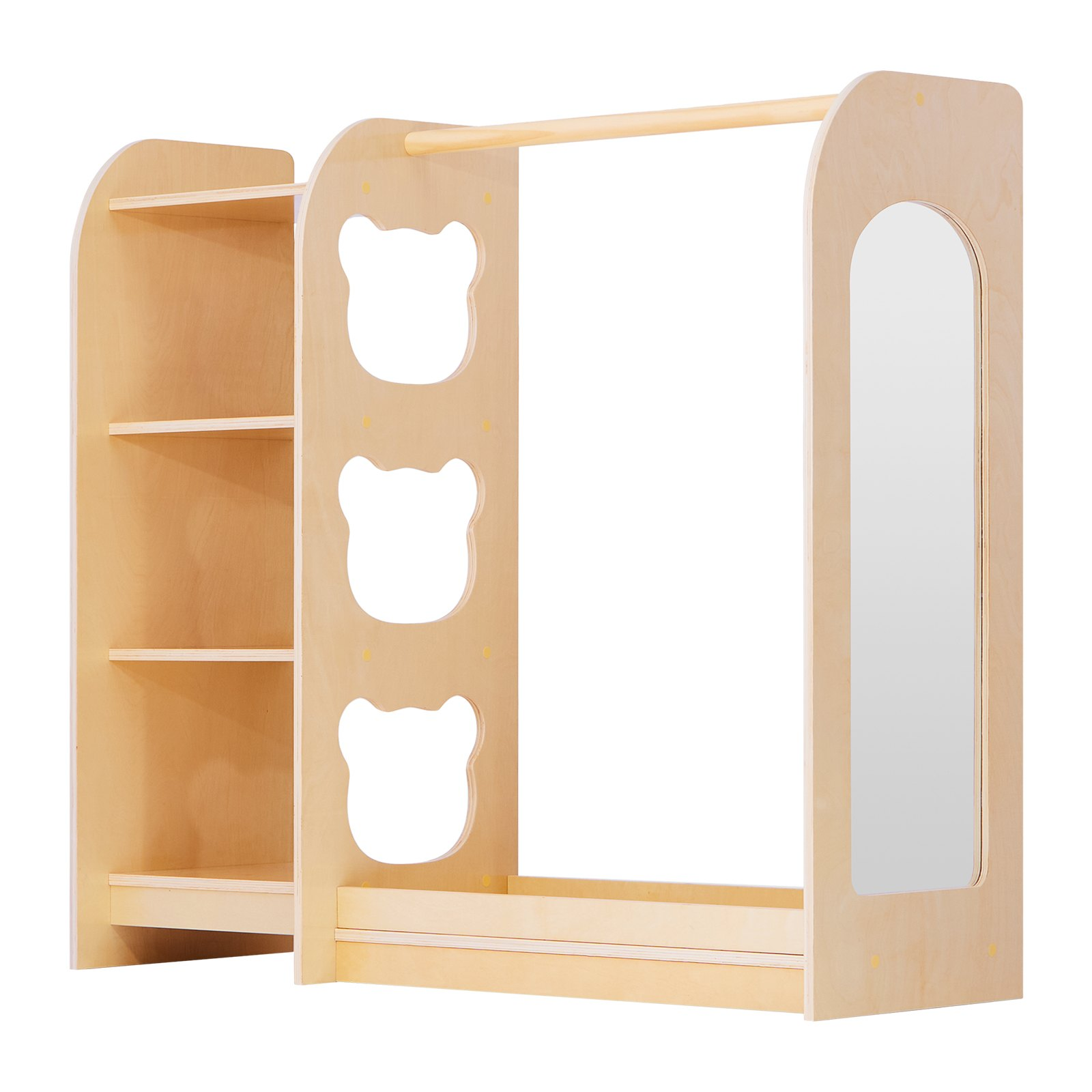 Kids Dress-Up Storage Rack with Mirror – Wooden Toddler Wardrobe Organizer (Natural)