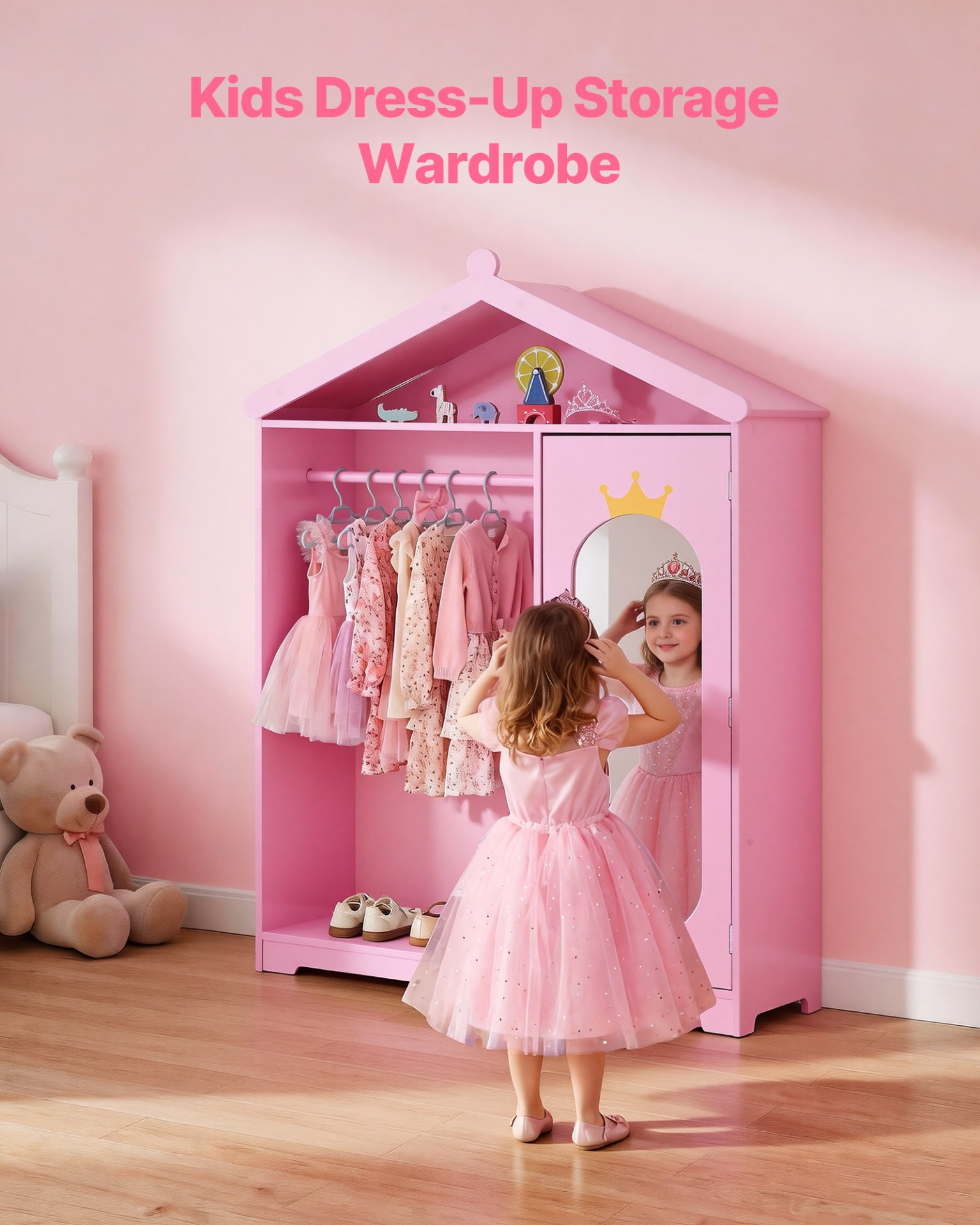 Kids Dress Up Storage Closet with Mirror – Princess Wardrobe Organizer Pink