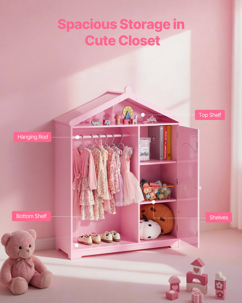 Kids Dress Up Storage Closet with Mirror – Princess Wardrobe Organizer Pink