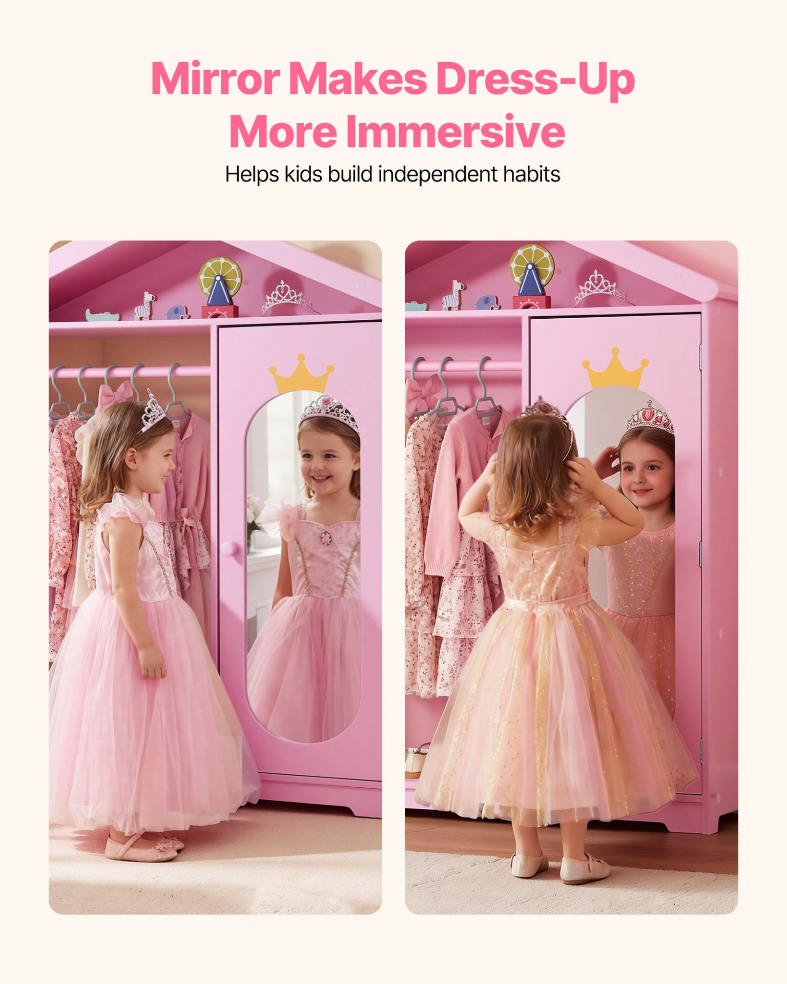 Kids Dress Up Storage Closet with Mirror – Princess Wardrobe Organizer Pink