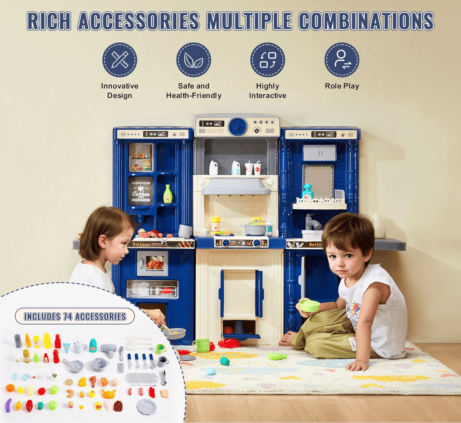 Kids Kitchen Playset with 74 Accessories – 3-in-1 Modular Design